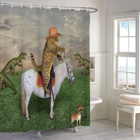 ASDCXZ Shower Curtain Funny 180x180 cm, West Cowboy Farm Funny Cat Ride Horse Washable Textile Bathroom Curtains Polyester Waterproof Shower Curtains