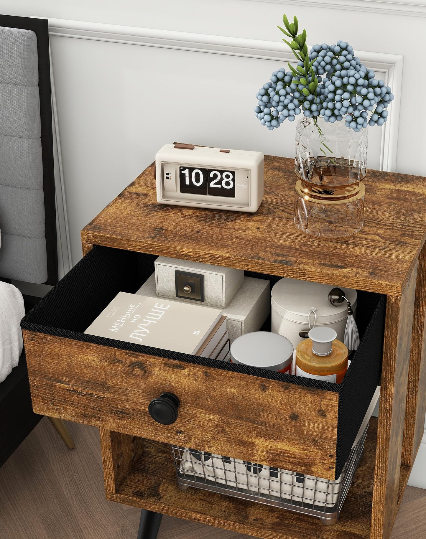 YMYNY Set of 2 Side Tables, Bedside Table, Sofa End Table, with Fabric Drawers and Open Shelf Unit, Solid Wood Legs, Nightstand, for Bedroom