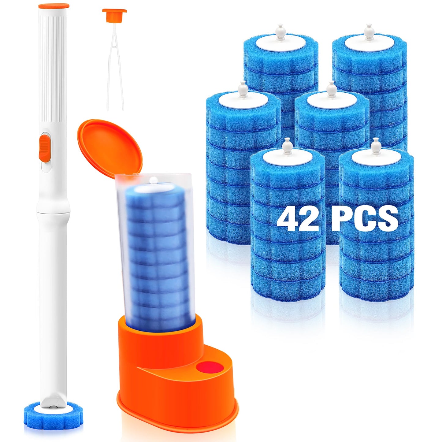 JEHONN Disposable Toilet Brush with Tweezers, Toilet Bowl Wand Holder Set with 42 Cleaner Refills, Bathroom Cleaning System for Sink Bathtub Wash