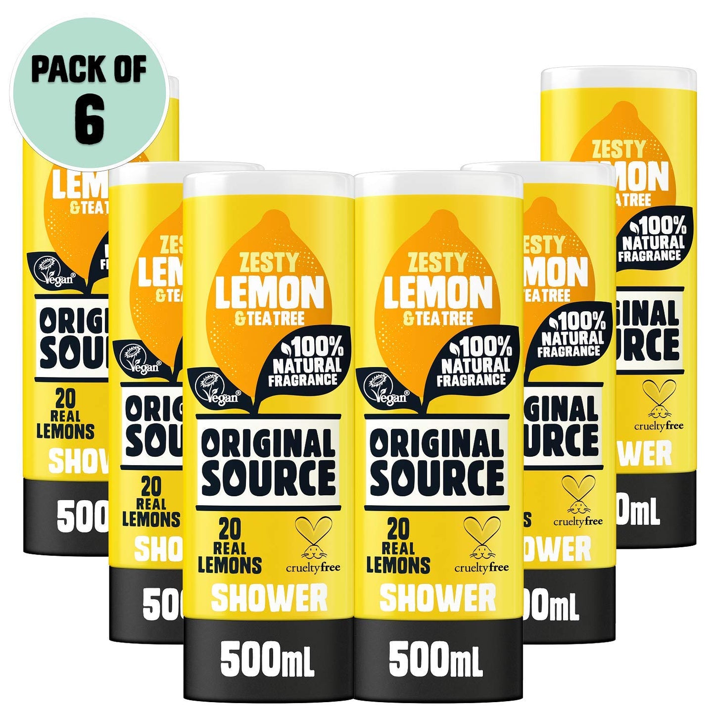 Original Source Lemon & Tea Tree Shower Gel, 100 Percent Natural Fragrance, Vegan, Cruelty Free, Paraben Free, Bulk Buy, Pack of 6 x 500 ml