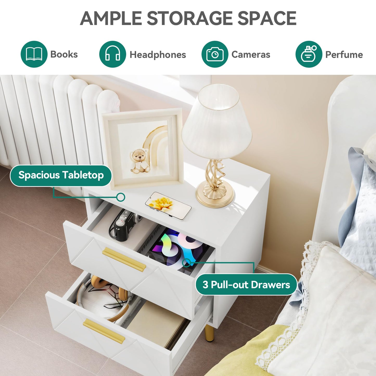 YITAHOME 2-Drawer Bedside Table Set of 2, Small Bedside Storage White