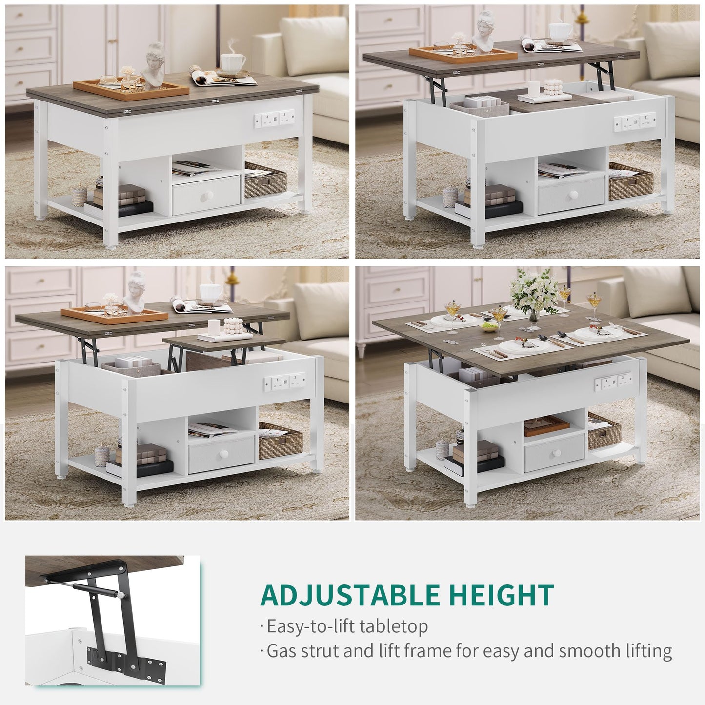 YITAHOME Folding Lift Top Coffee Table with Drawer, 4-in-1 Convertible Table with Storage Space and Type-G Outlets