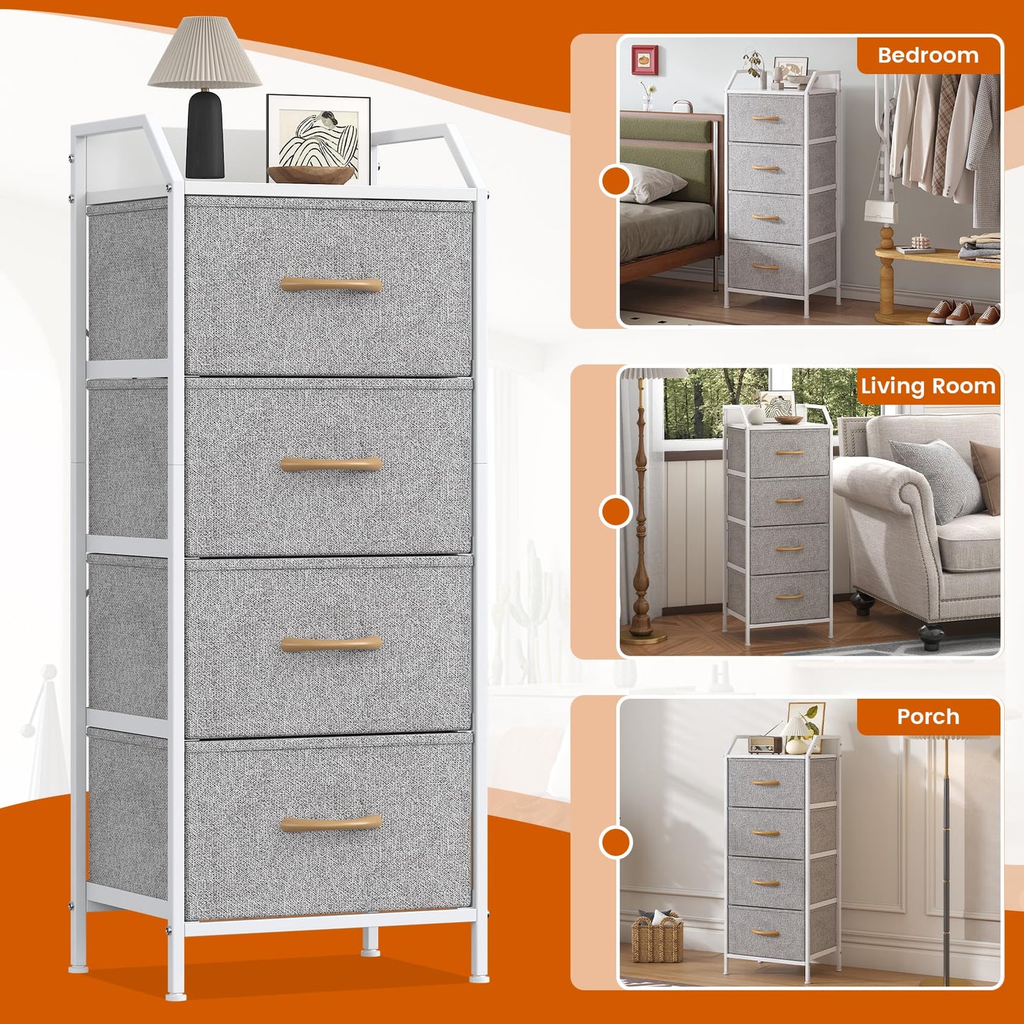 Feonase 4-Drawer Chest of Drawers with Metal Frame & Top Back Panel – Modern Fabric Storage Cabinet for Bedroom, Living Room, Small Spaces