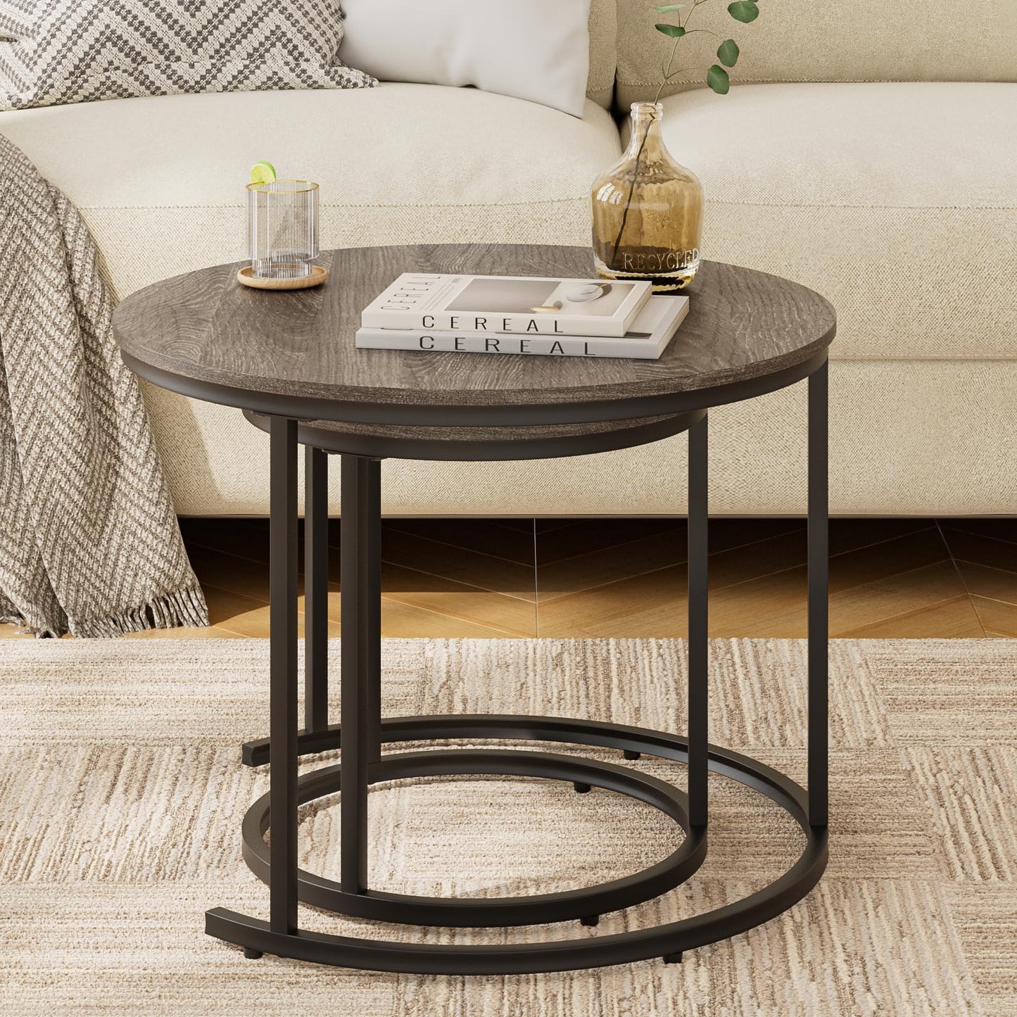 HEYZOEY Round Coffee Tables, Removable Set of 2 End Table, Nesting Tables with Black Metal Frame Legs and Wooden Grey Top for Living Room, Bedroom