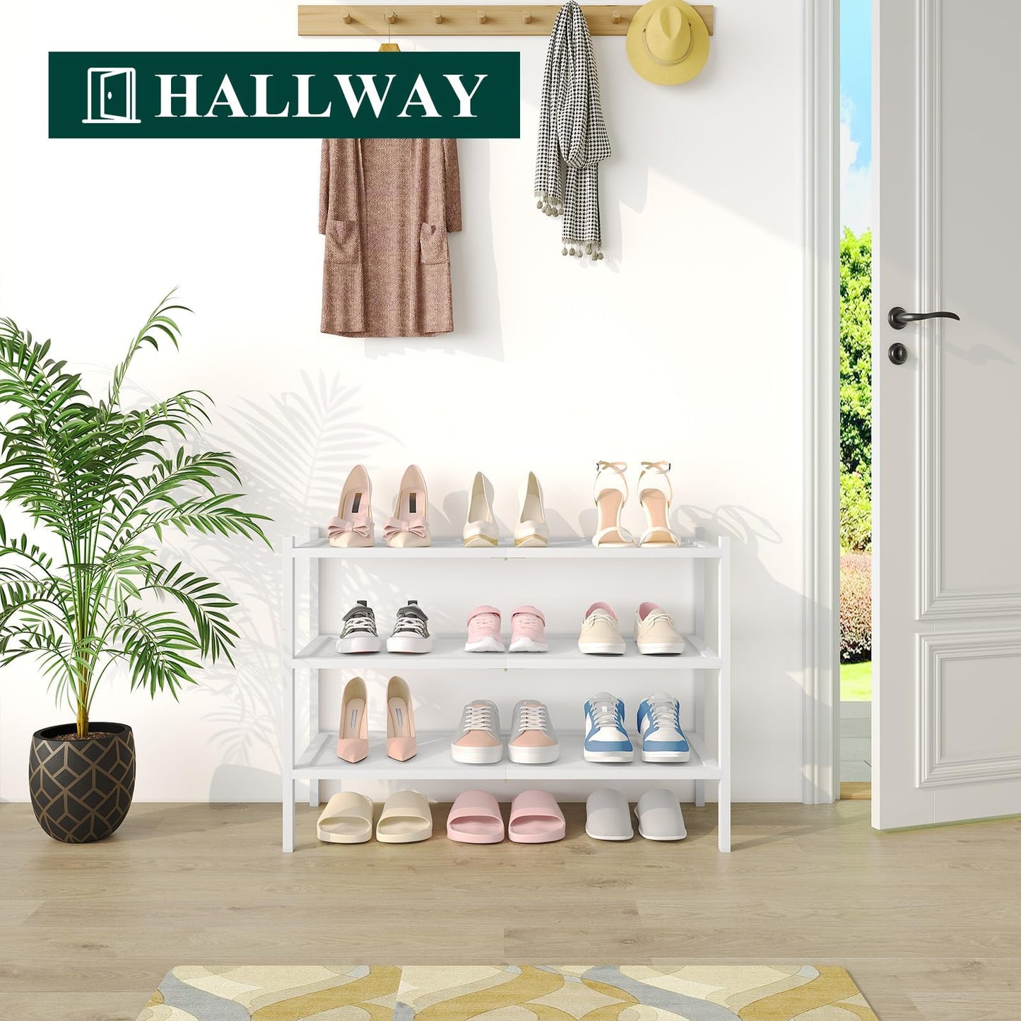 smiry Bamboo Shoe Rack, 3 Tier Shoe Organizer for Entryway & Living Room, Stackable Free Standing Storage Shelf for Shoes, Bags & Plants, White