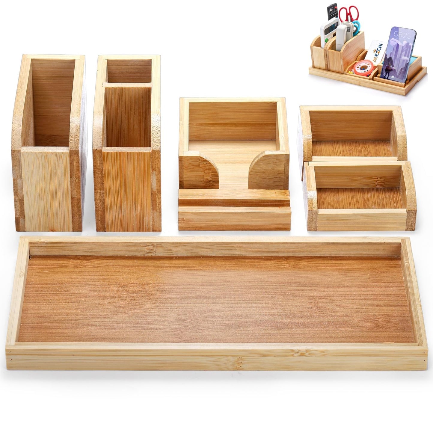 Cididu Bamboo Desk Vanity Tray, 7 Pieces Adjustable Pen Holder Stationery Caddy, Bathroom Vanity Organizer Set, Sturdy Countertop Tray Storage Boxes