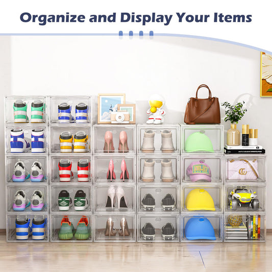 TidyTrove Shoe Storage Box, 9 Pcs Shoe Box Clear Plastic Stackable, Sturdy Foldable Shoe Organizer Containers with Magnetic Door for Women/Men, White
