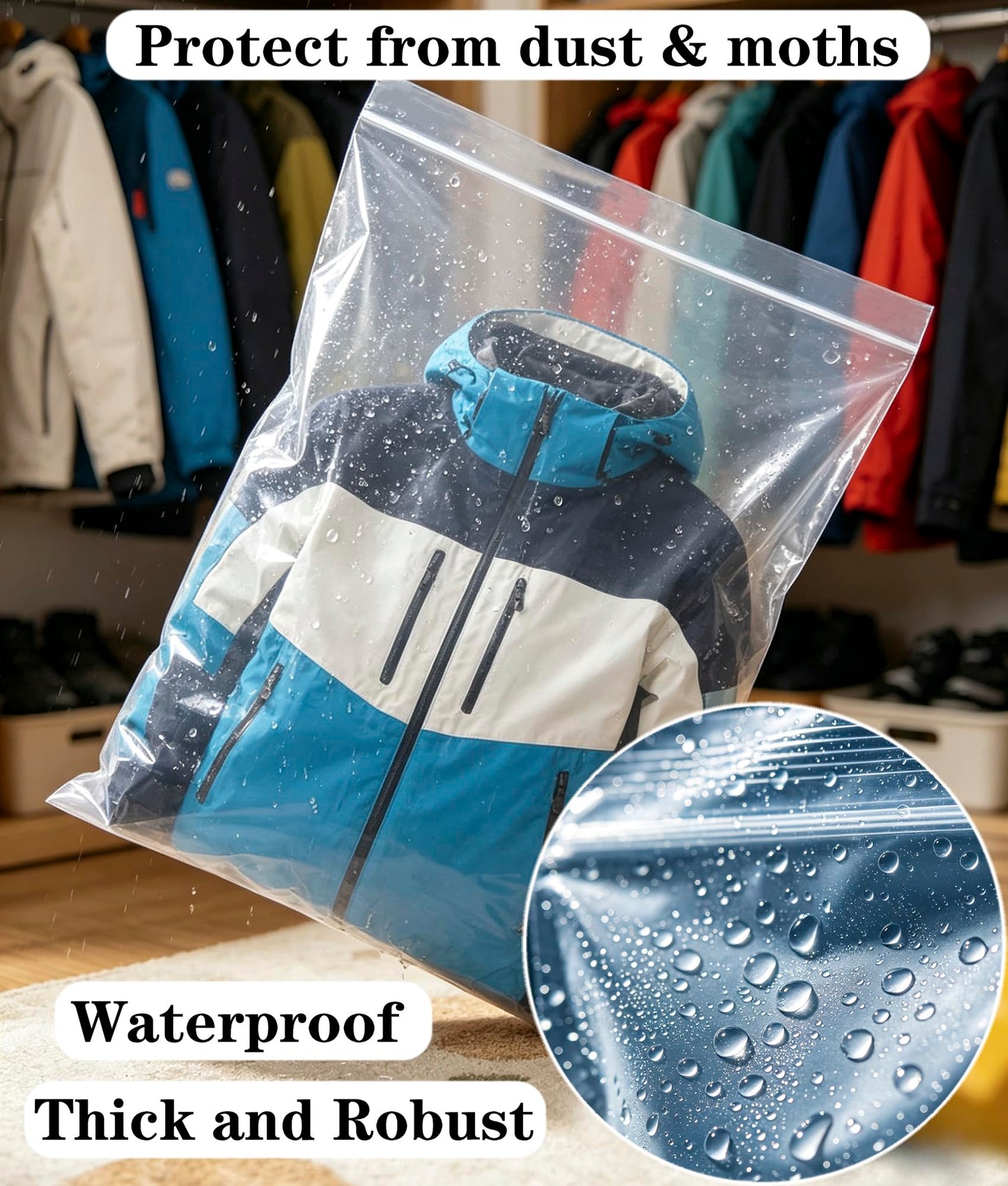 QISF 10 Pack Space-Saving Plastic Zip Bags,60 x 90 cm Large Clear Seal Bags Waterproof Luggage Organiser,for Travel, Office, Home Storage, Large Coats
