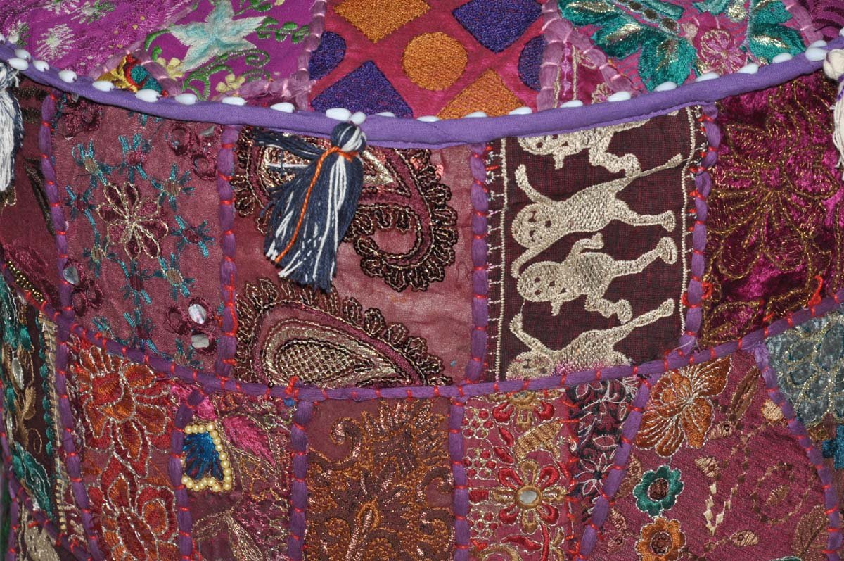 Marubhumi Vintage Indian Ottoman Embellished with Embroidery Cushion and Patchwork Floor Rest 46 X 33 cm