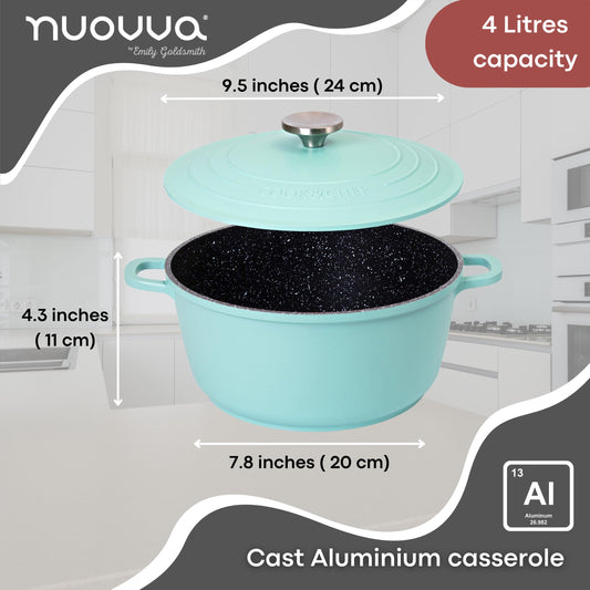 Casserole Dishes with Lid Oven Proof Non Stick Deep Dutch Oven Induction Cooking Pot Oven Safe Aluminium Stockpot 4L, 24cm, Teal by Nuovva