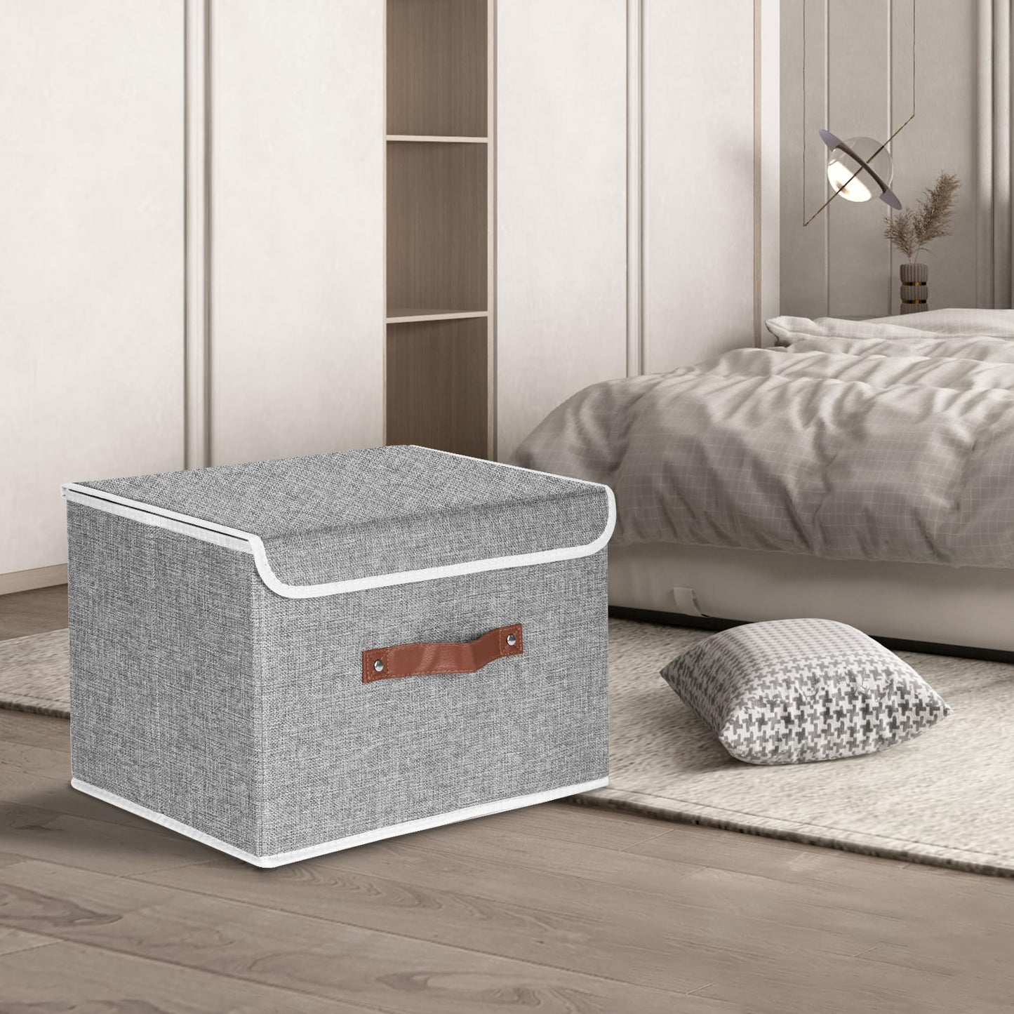 TYEERS Collapsible Storage Box with Lid, Fabric Storage Box for Clothes, Wardrobe Storage, 38x25x25 cm, Set of 3, Grey