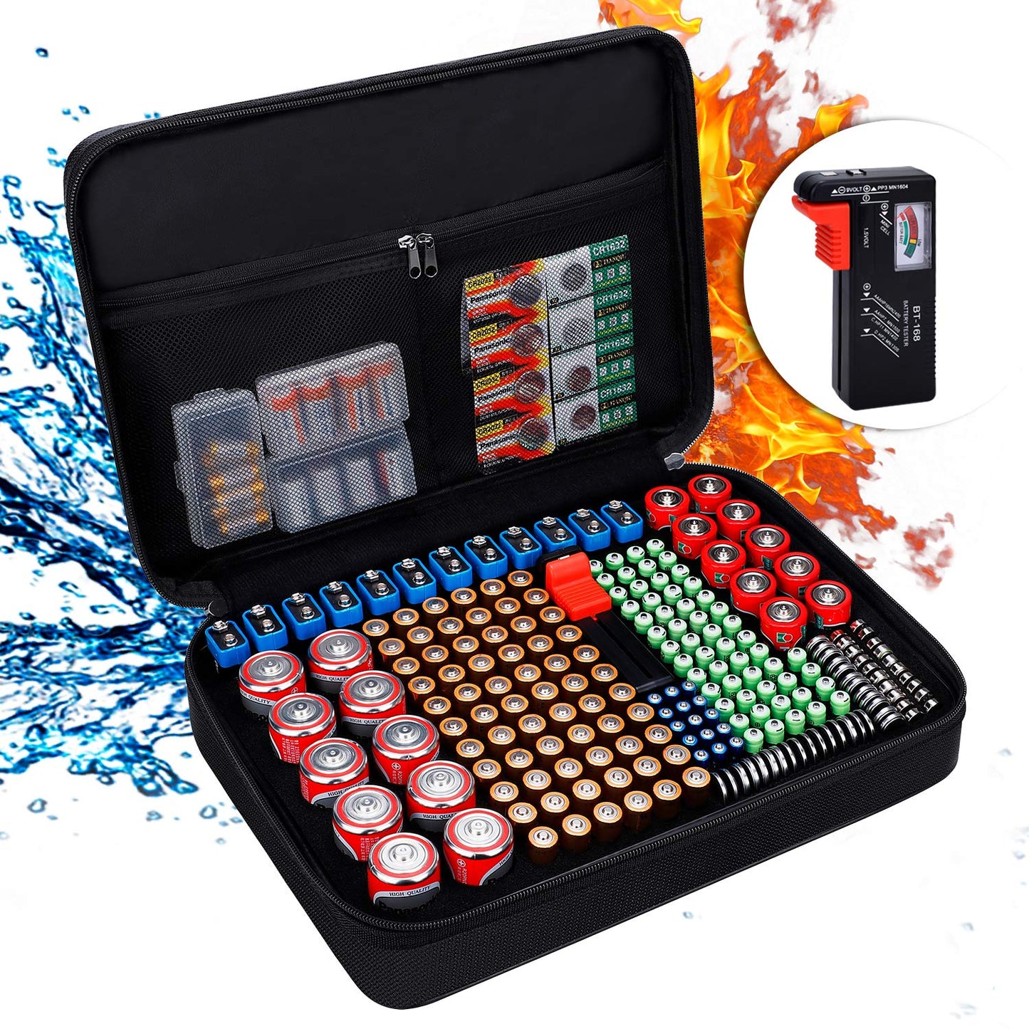 Battery Storage Box, Fireproof Battery Box, Carry Bag with Tester, Holds 216 Batteries of Different Sizes for AAA, AA, 9V, C and D Size and Tester