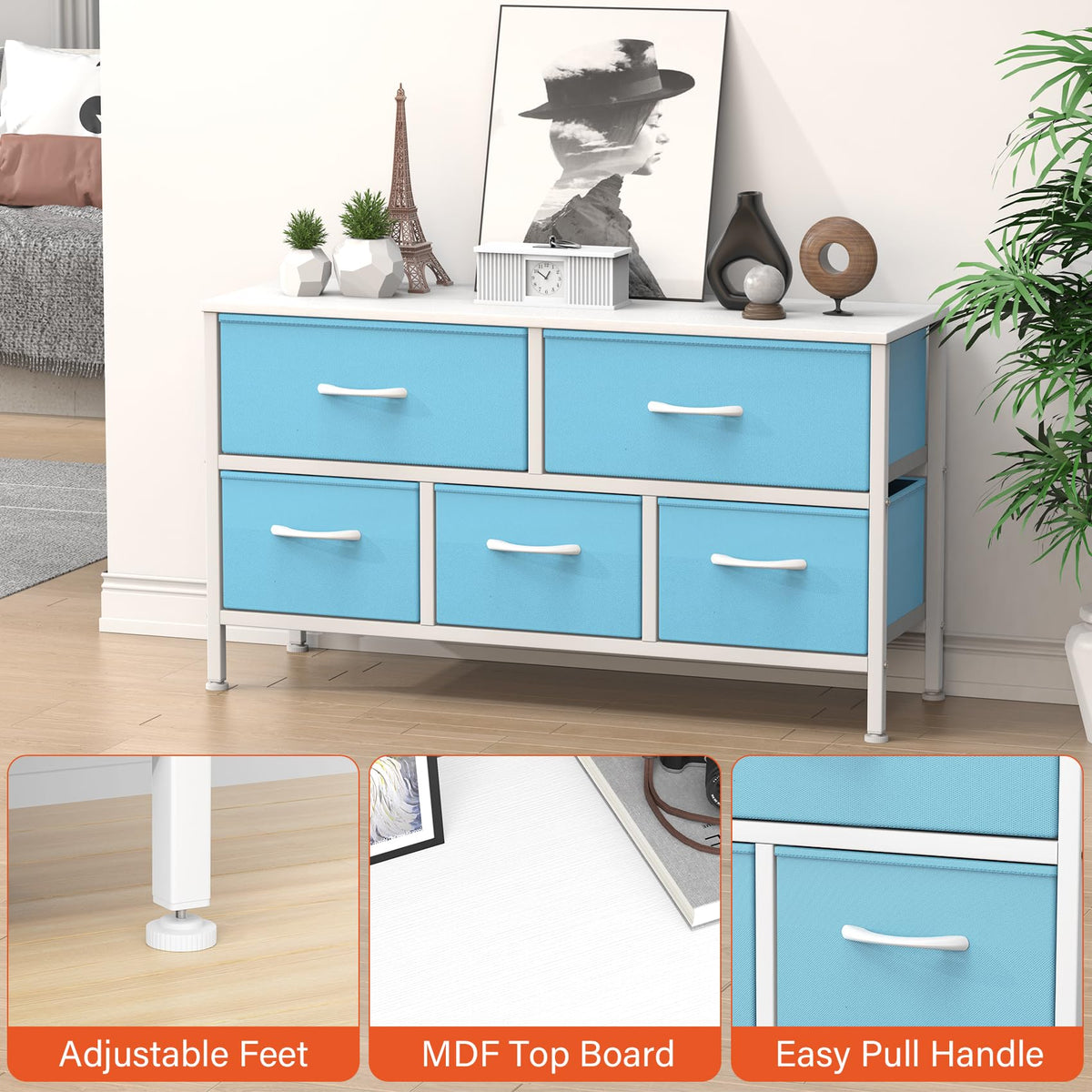 Feonase Bedroom Chest of Drawers, 5 Fabric Drawers Dresser with Metal Frame and MDF Top Board, Modern Storage Unit for Bedroom Living room, Entryway