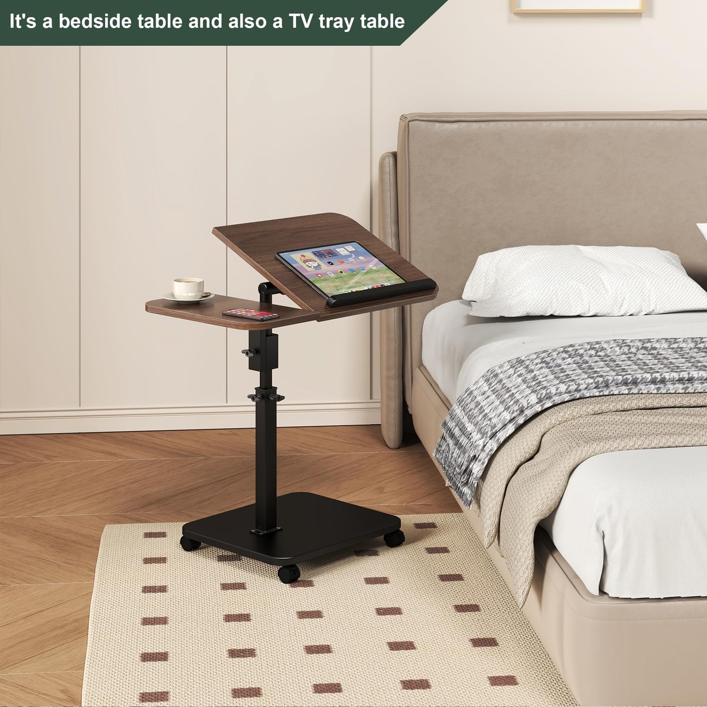 Adjustable Height C Shaped End Table with Wheels,360°Swivel Side Table, Top Tilting Laptop Stand TV Table for Sofa/Bed