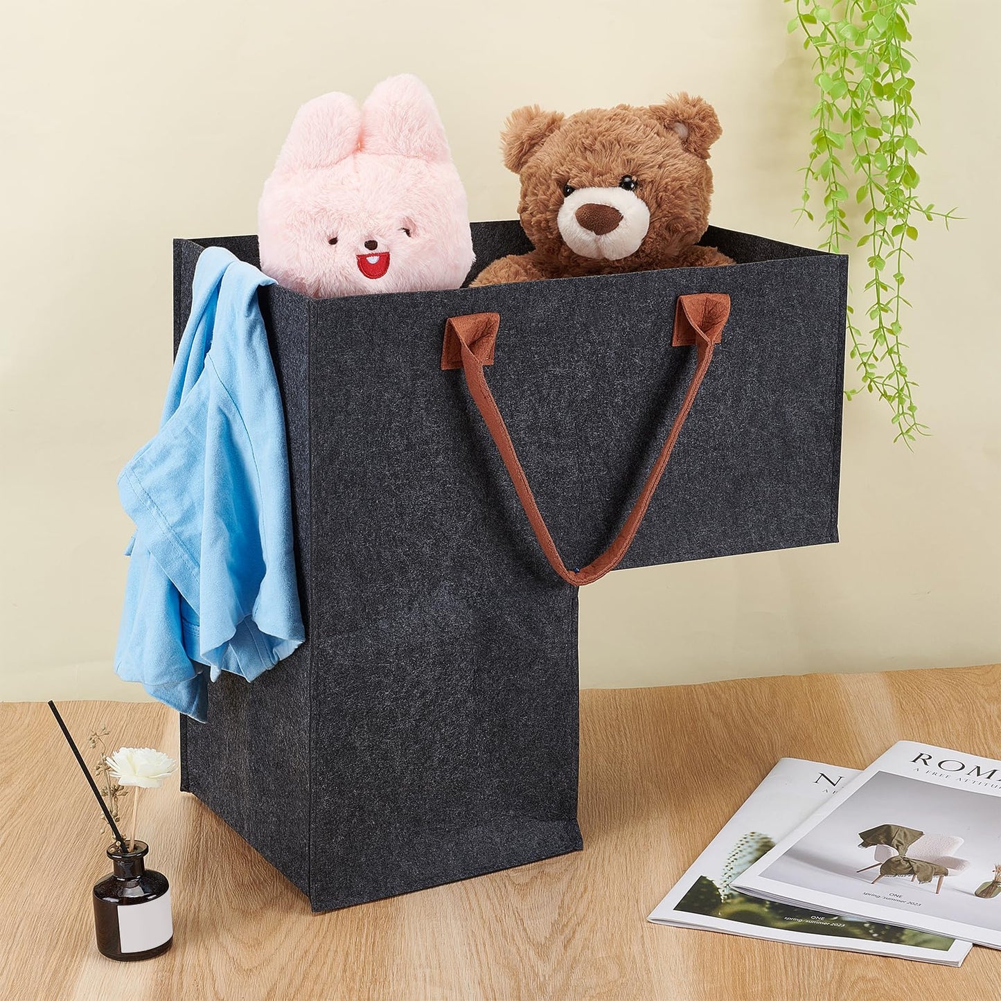 INTERWARM 3Pcs Foldable Stair Basket, Felt Stair Step Storage Bag with Leather Handle