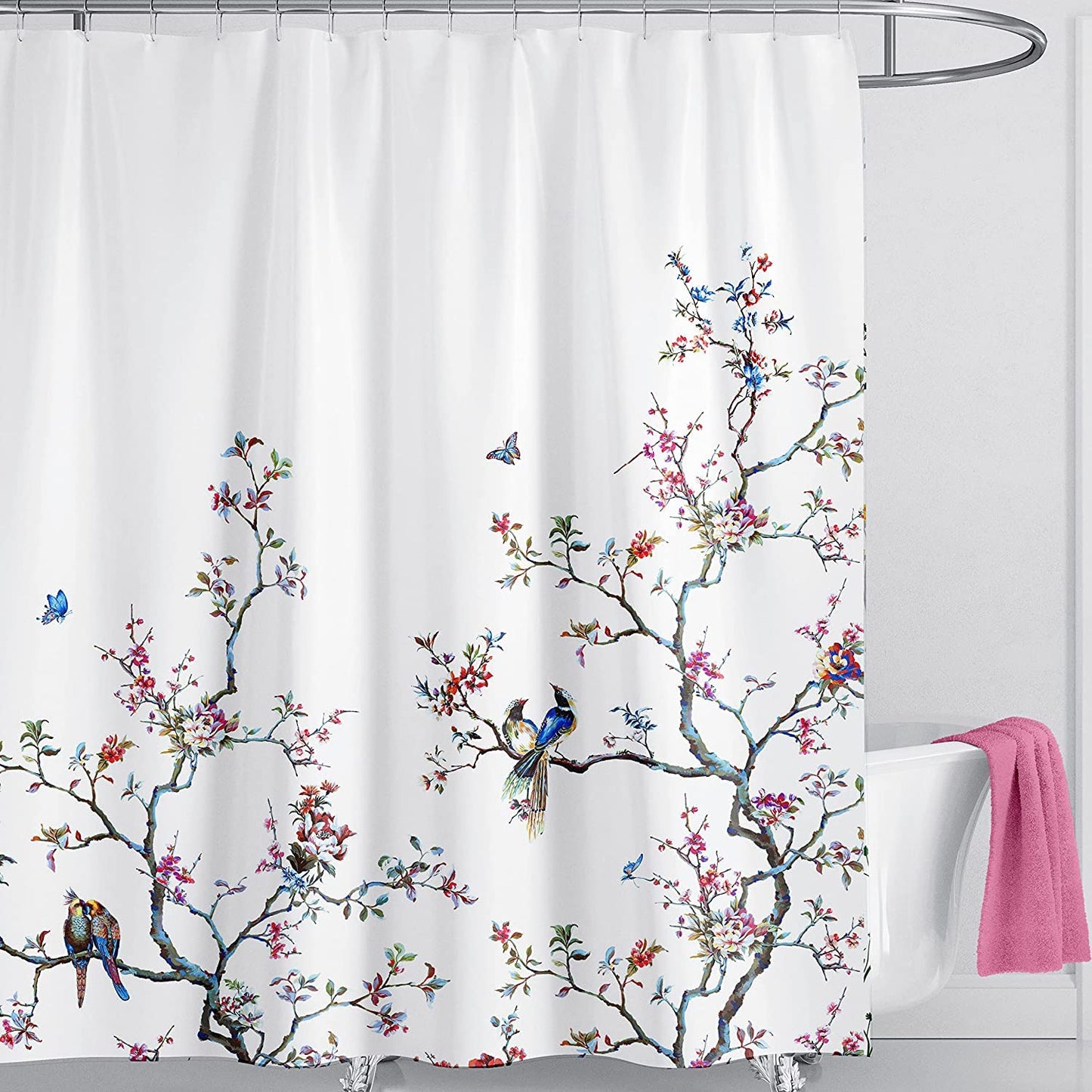 LIVETTY White Bird Extra Long Shower Curtain 180cm ? 200cm Drop Floral Butterfly Fabric Bathroom Mould Proof Spring Washable Shower Curtain With 12