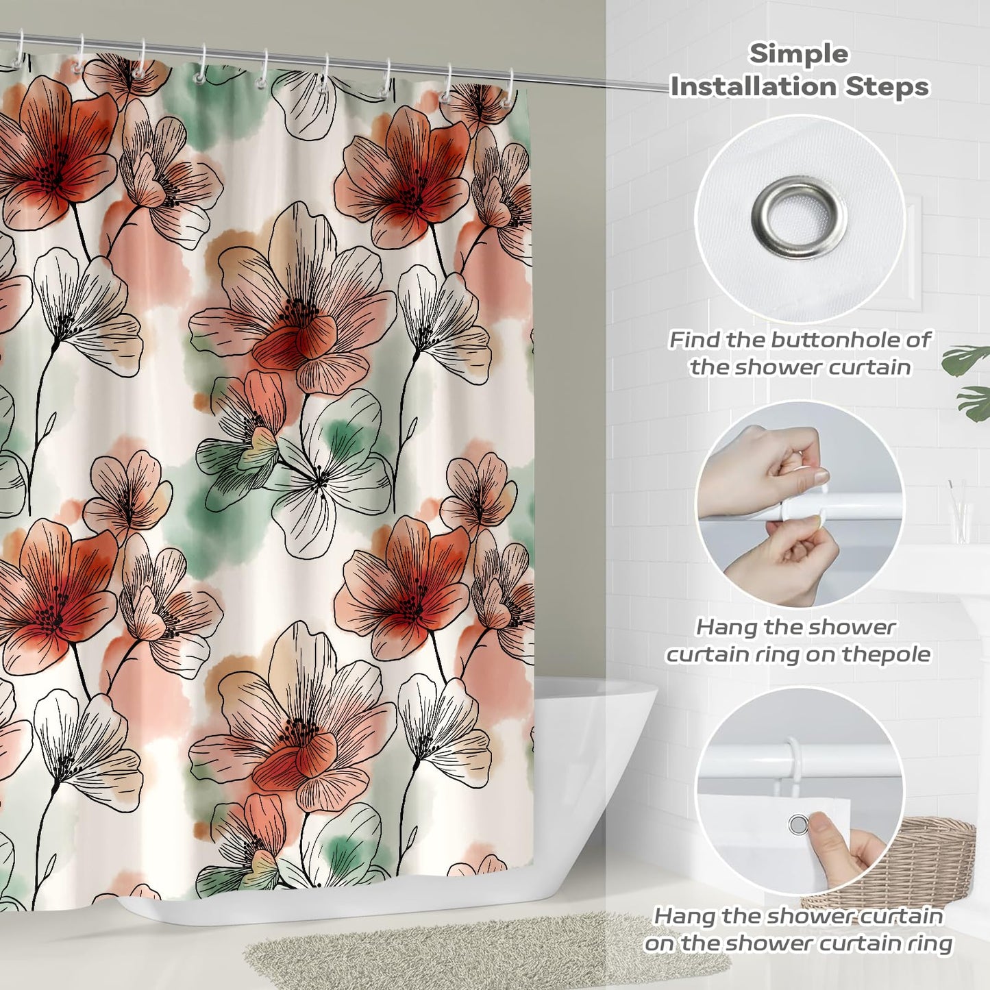 Hopomoon Watercolour Floral Shower Curtain, Waterproof Polyester Bath Curtain, Botanical Print Decorative Boho Abstract Art Shower Curtain with 12