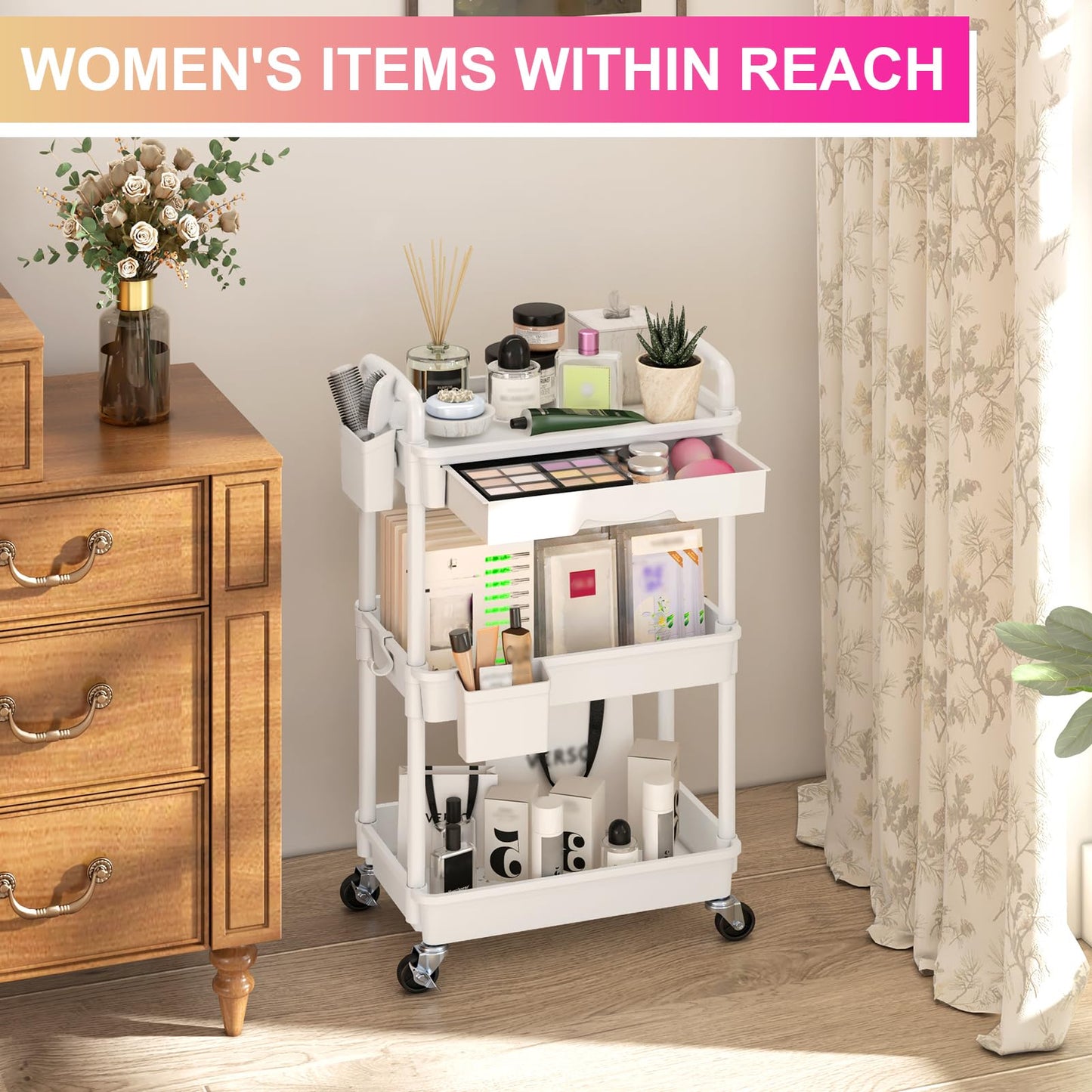 Yeabett 3 Tier Storage Trolley with Drawer, Utility Cart with Plastic Shelf & Lockable Wheels Multifunctional Storage Cart for Kitchen, Bathroom