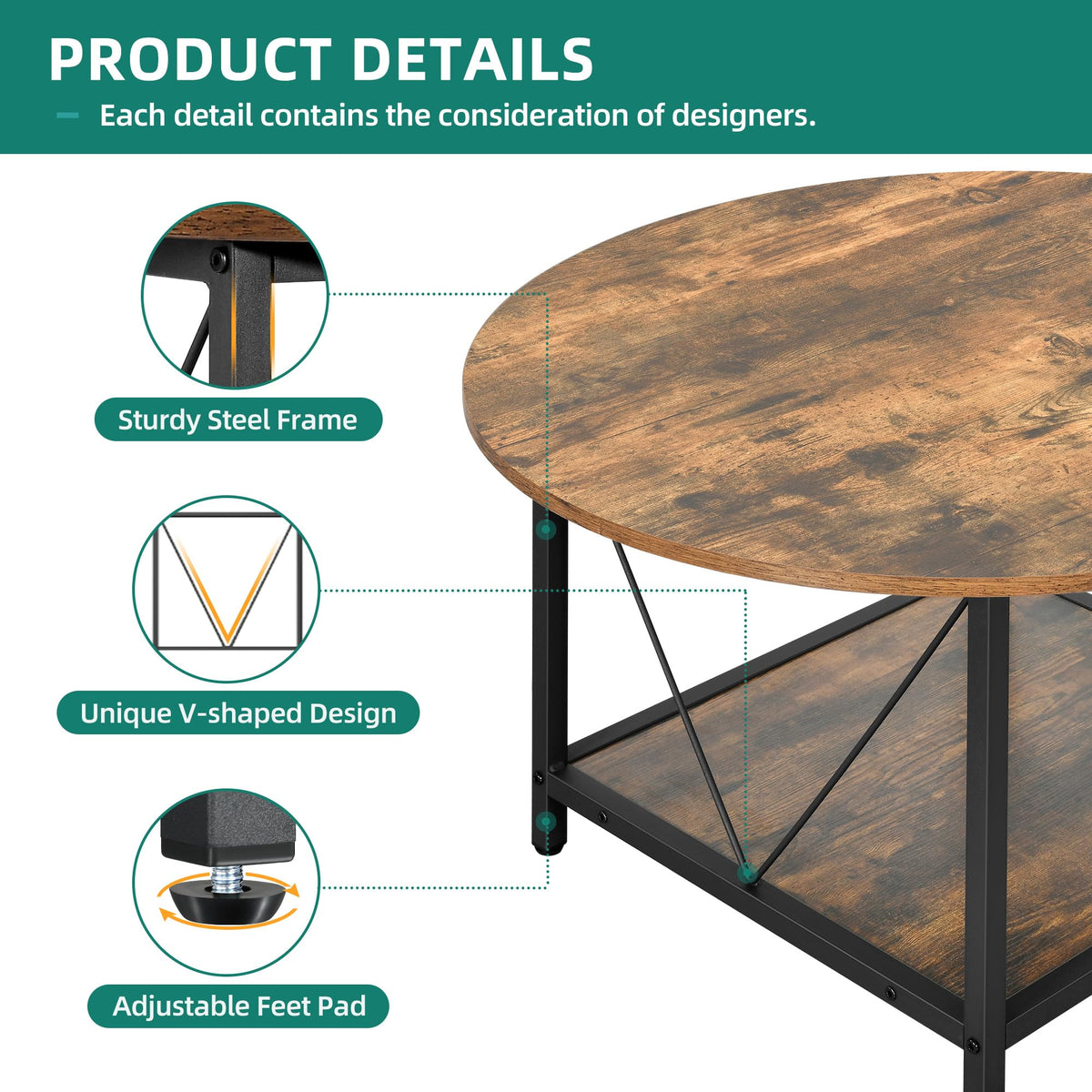 YITAHOME Round Coffee Table for Living Room,80x80x46cm Retro Central Table with Storage Shelf