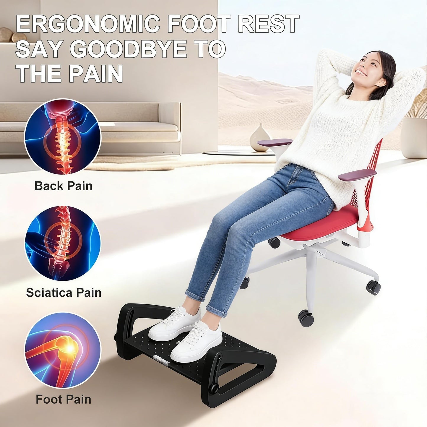 Office Foot Rest - Adjustable Height Footrest Under Desk - Ergonomic Foot Stool with Large Roller Massager for Improved Posture/Pressure