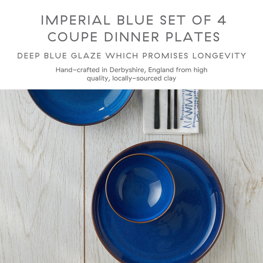 Denby - Imperial Blue Dinner Plates Set of 4 - Dishwasher Microwave Safe Crockery 26cm - Royal Blue Coupe Ceramic Stoneware Tableware - Chip & Crack
