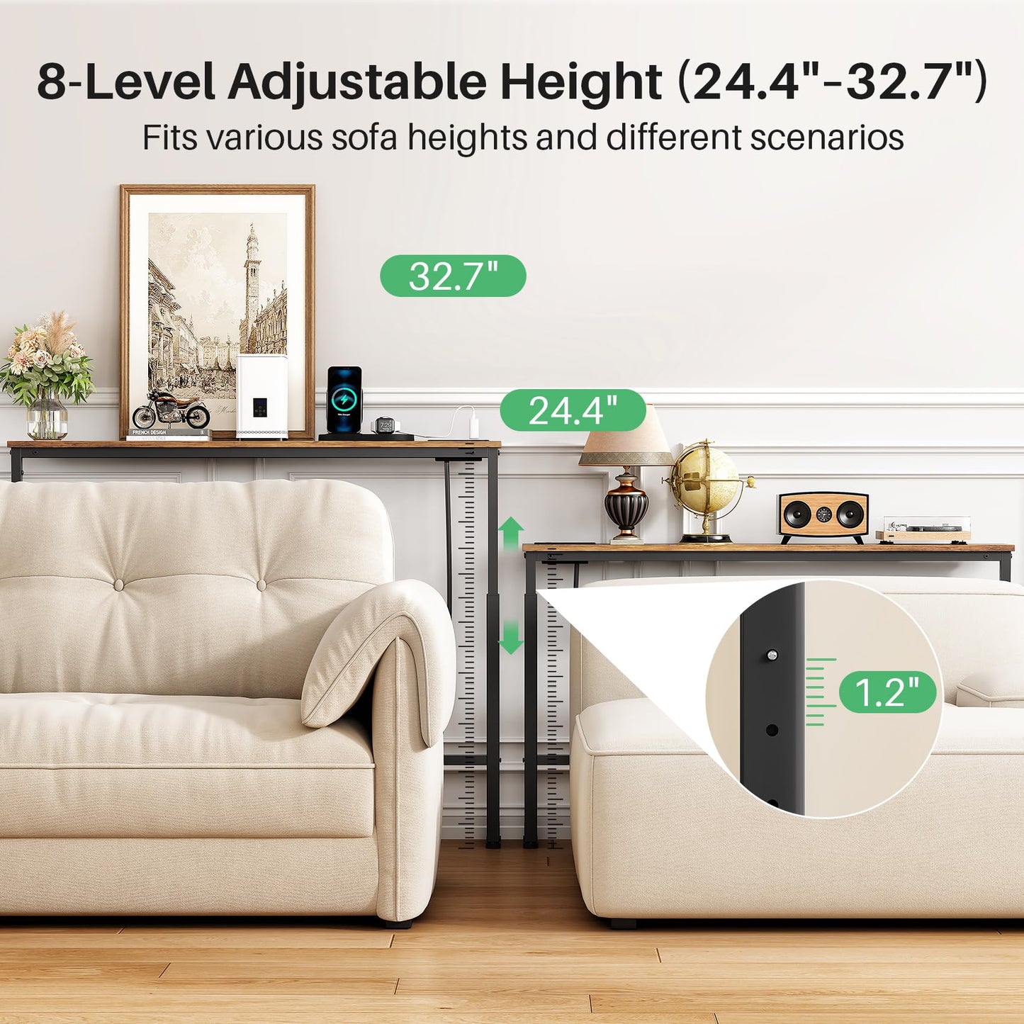 Kitstorack 2-Pack Narrow Console Table with Adjustable Height (25"-33") & 2 Power Outlets, Skinny Behind Couch Table
