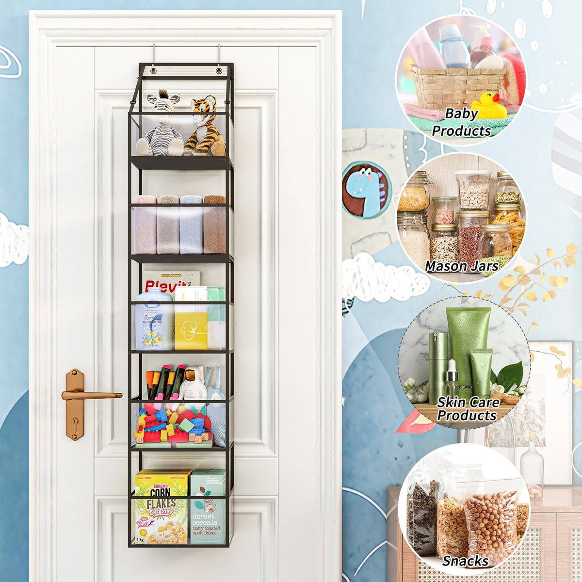 Fixwal 5-Shelf Over The Door Hanging Pantry Organizer with Clear Plastic Pockets Behind The Door Storage Organizer Large Capacity Organizer for