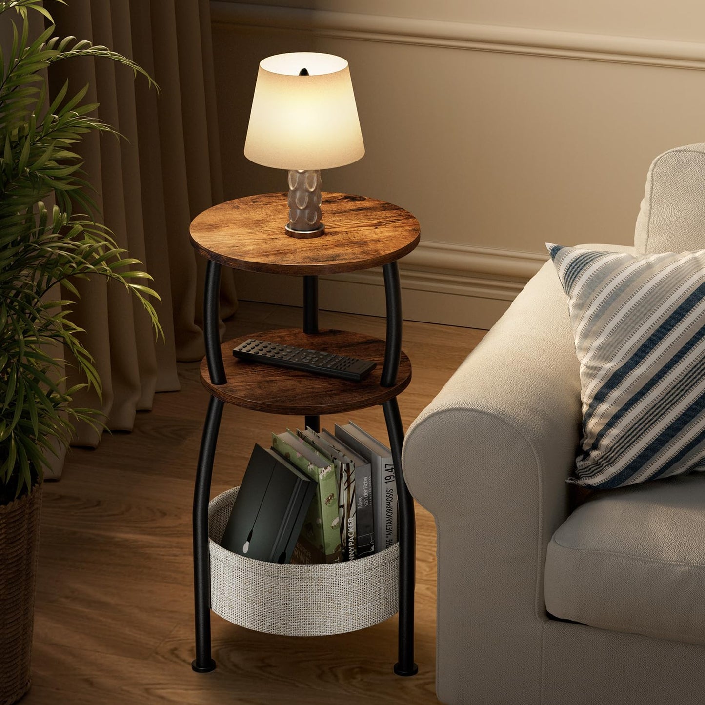 Yuede Round Side Table, 3 Tier Bedside Table, Small End Table with Fabric Basket, Coffee Table for Living Room, Bed Room, Small Space, Easy Assembly