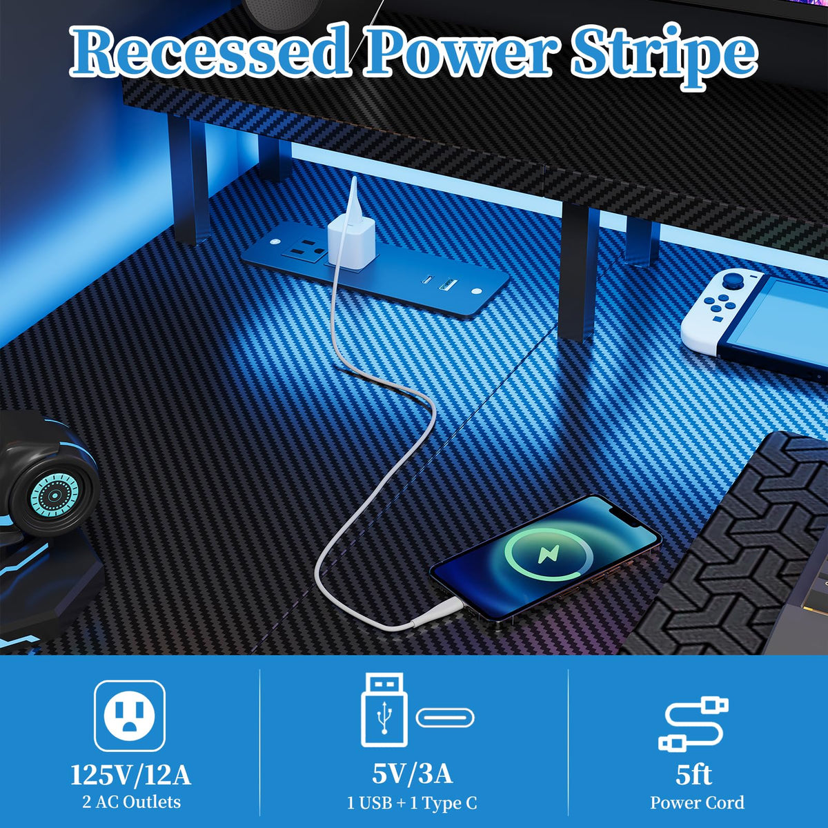 Grandder 100cm Reversible L-Shaped Gaming Desk with Power Sockets & LED Lights, Carbon Fibre Computer Table with Long Monitor Stand