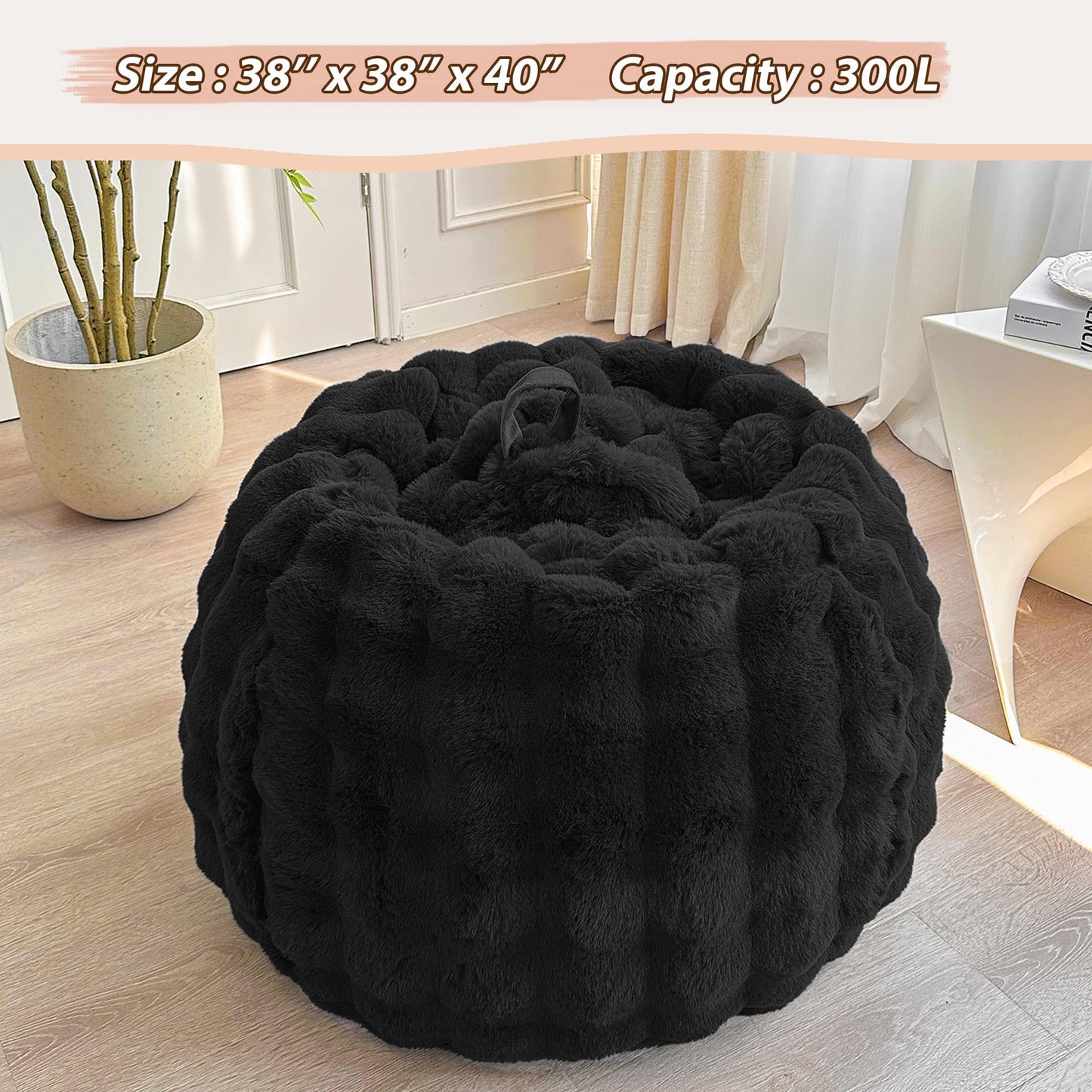 LIFEREVO 3FT Fluffy Faux Rabbit Fur Bean Bag Chair Cover, No Filler, Black