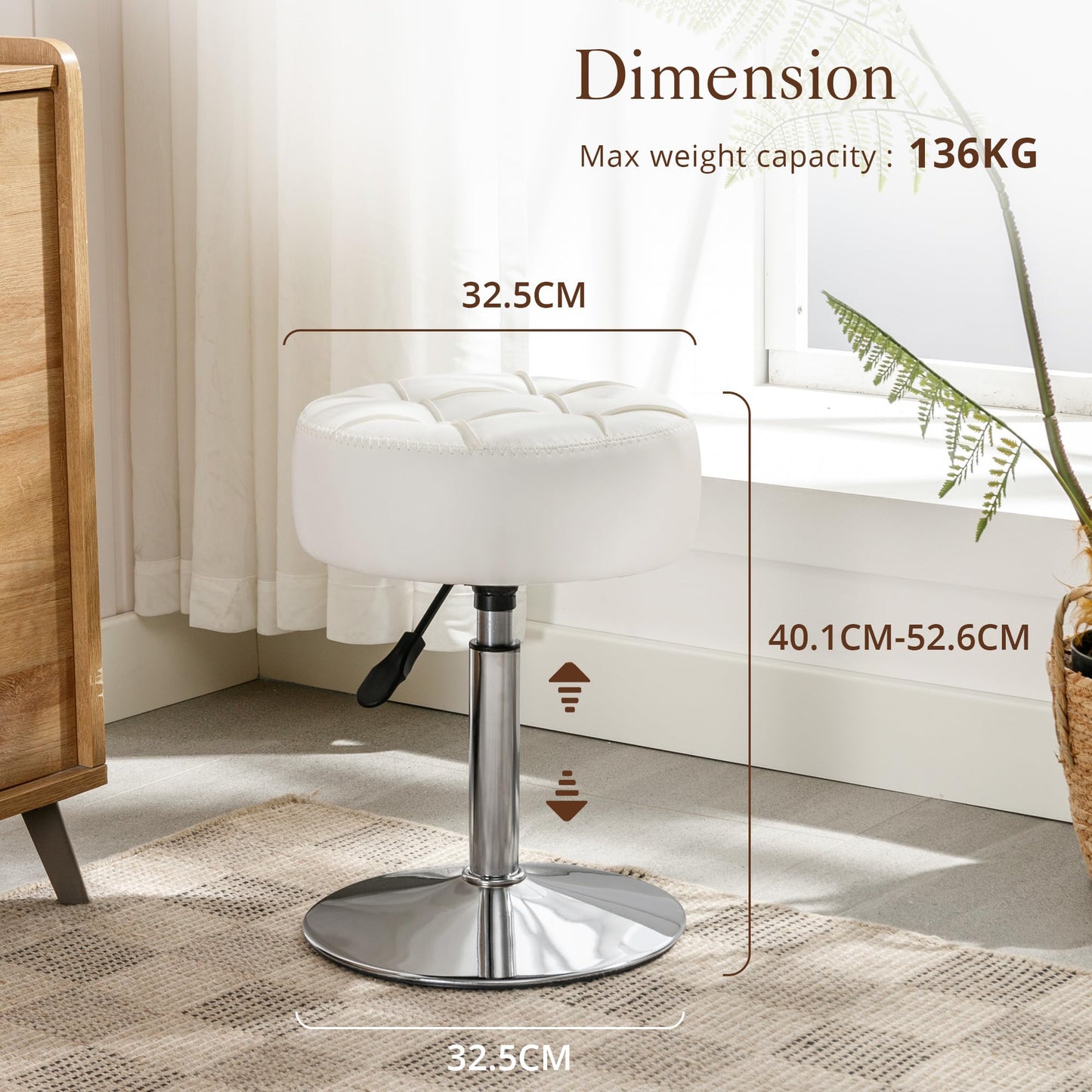 LUE BONA 360°Swivel Vanity Stool, Adjustable Dressing Table Stool, Tufted Design Faux Leather Chair for Dining Room, Living Room, White
