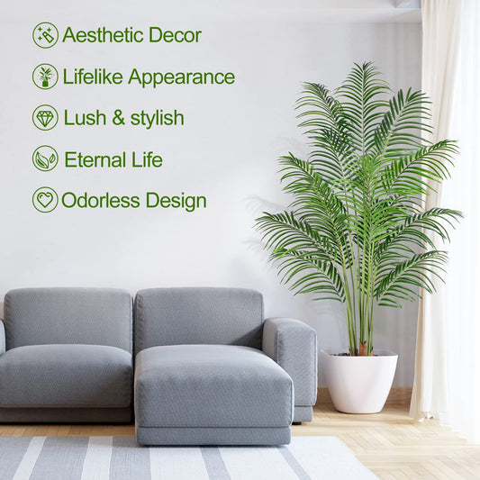 Keeplush 180cm Artificial Palm Tree Indoor Plant Tall Fake Tropical Paradise Palm Tree in Pot with Real Bark Design Faux Areca Palm Tree for Home