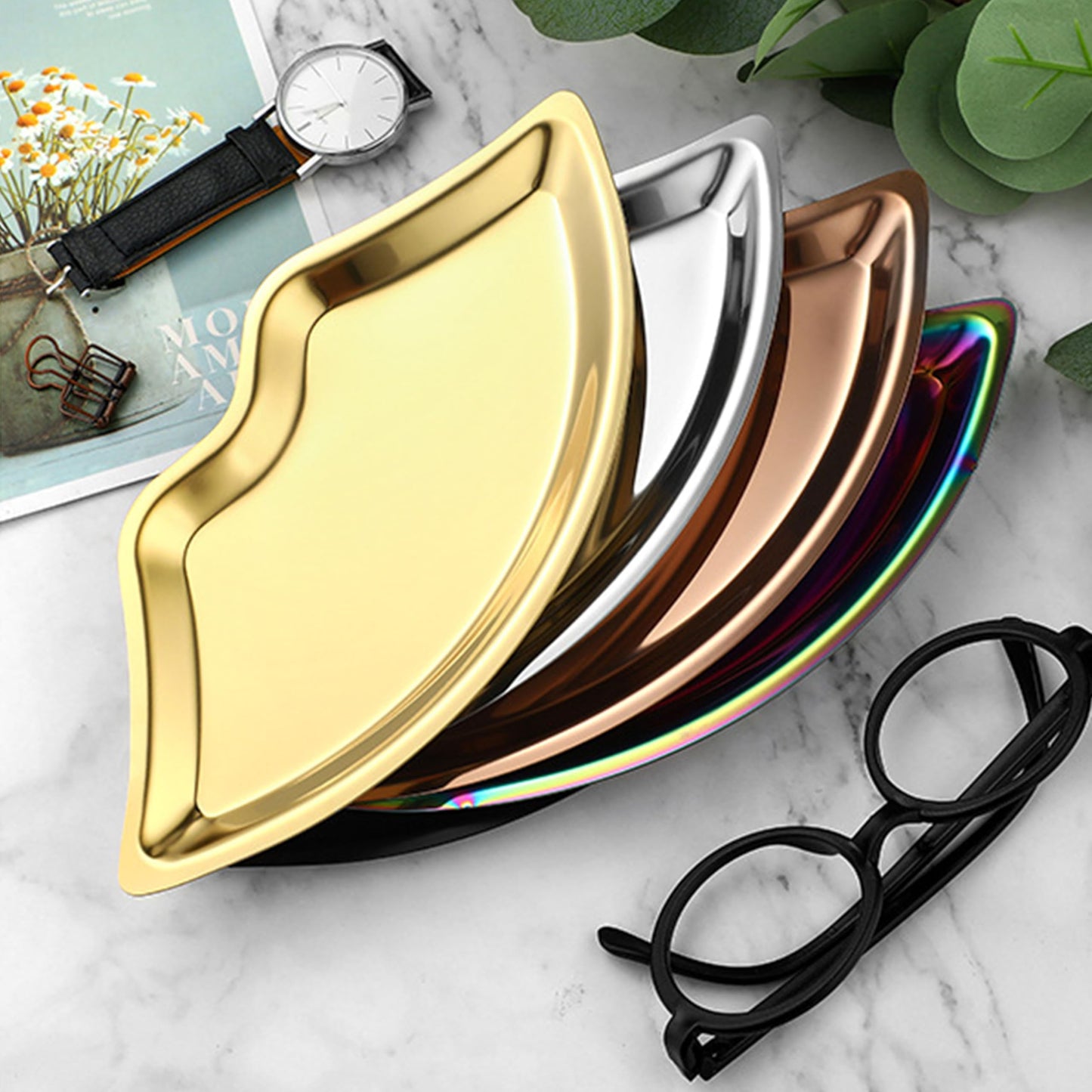 BuerHomie Black Serving Tray, Lip Shape, Stainless Steel, for Trinket Key (silvery)