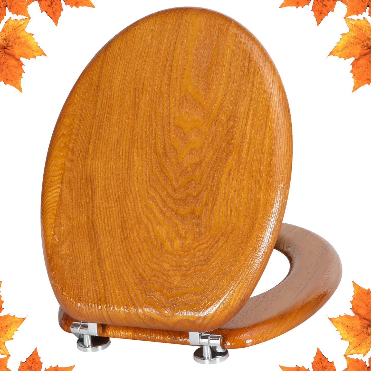 Angel Shield Natural Wooden Toilet Seat with Zinc Alloy Hinges, Easy to Install and Clean, Anti-Pinch, Antibacterial (Oak Yellow)