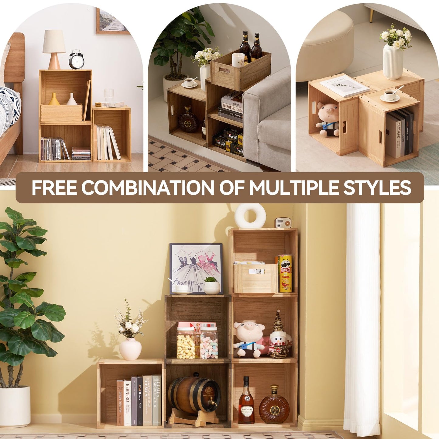 KIRIGEN Stackable Wooden Storage Cube with Handles, Natural