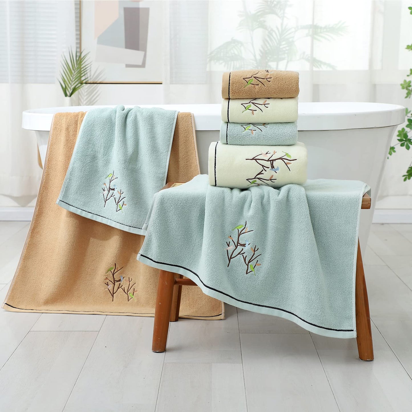 Pidada Hand Towels Set of 2 Embroidered Bird Tree Pattern 100% Cotton Absorbent Soft Decorative Towel for Bathroom 35 x 75 cm (Aqua Green)