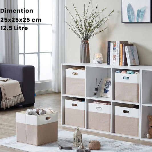 Mangata Cube Storage Boxes 25x25x25 cm, Fabric Storage Cube Baskets for Clothes Bins, Baskets, Chests,Toys (Lihgt Khaki White, 4Pcs)