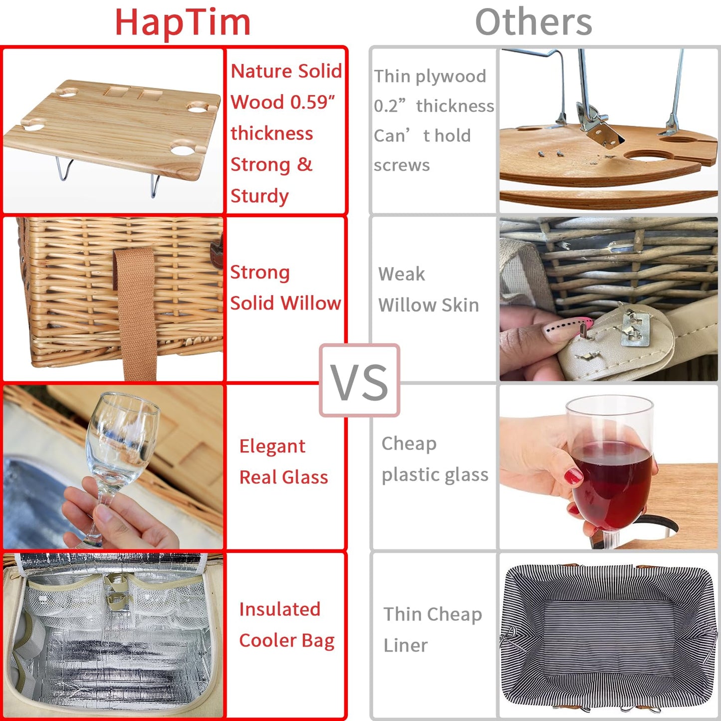 Hap Tim Wicker Picnic Basket for 4 with Mini Folding Wine Picnic Table & Large Insulated Cooler Bag & Cutlery Service Kits for 4 Person, Couples