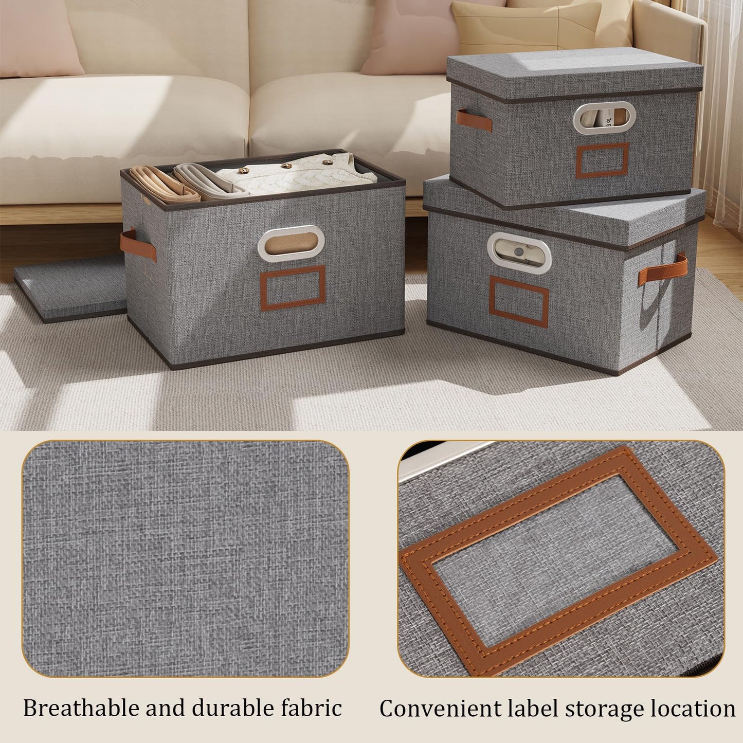 OUTBROS Storage boxes, Decorative Sturdy Boxes, 32x23x20cm, Grey, 3 Set