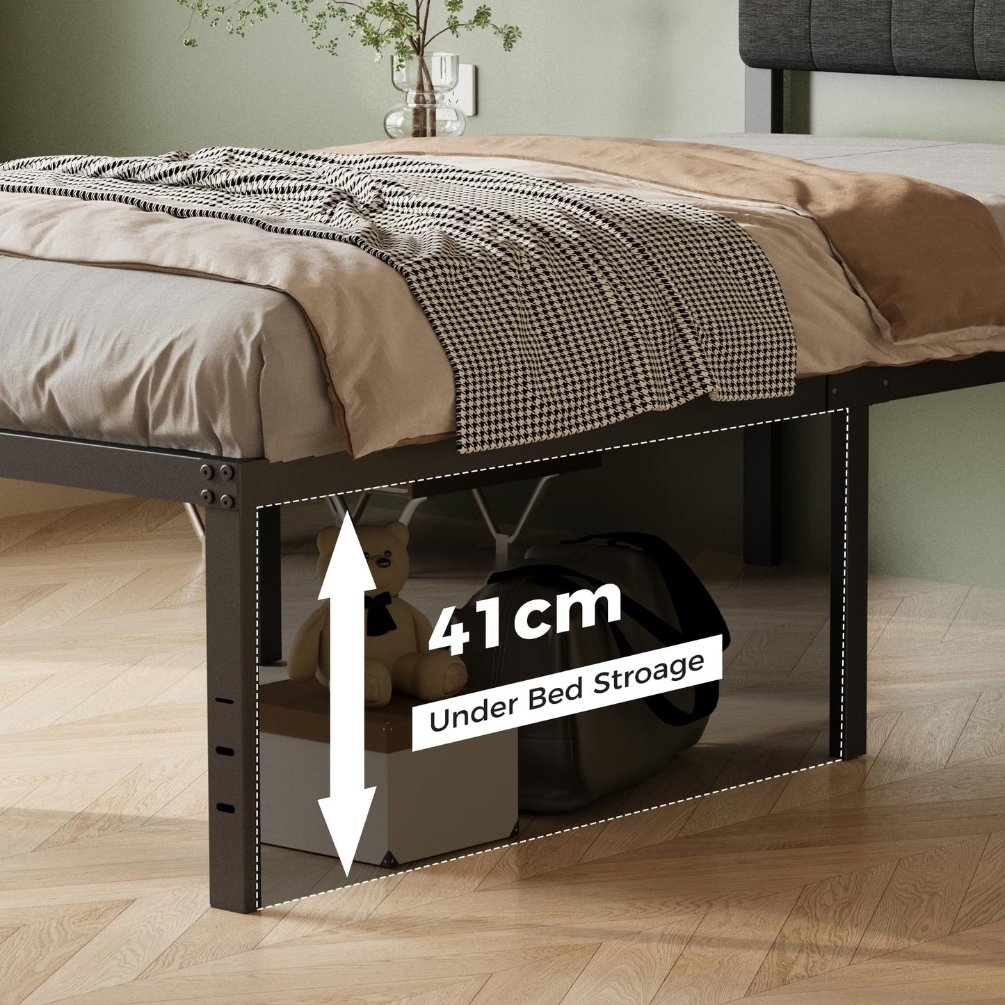 Lutown-Teen 2ft 6 Small Single Bed Frame with Black Upholstered Headboard