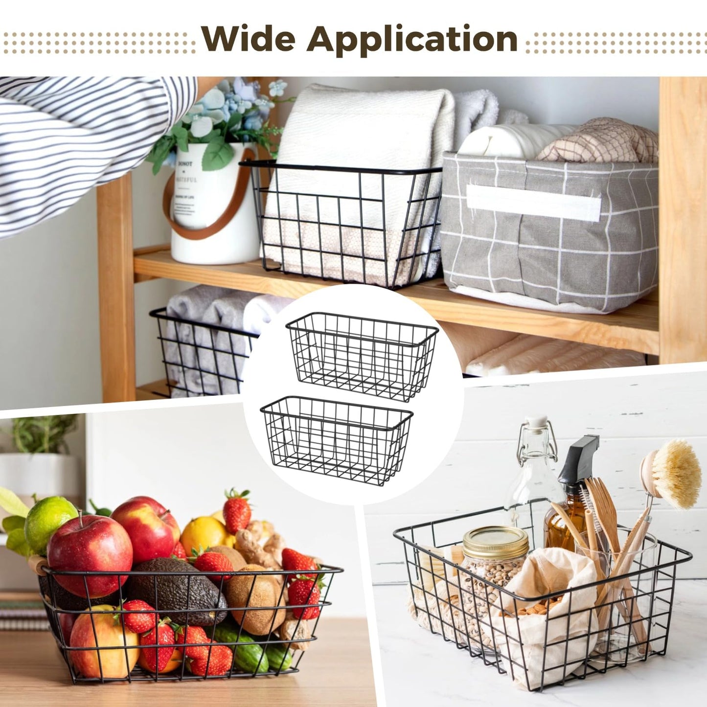 yeesport 2 Pack Black Wire Storage Baskets, Wall Mounted Carbon Steel Storage Bins with Traceless Adhesive, Small Pantry Baskets for Kitchen