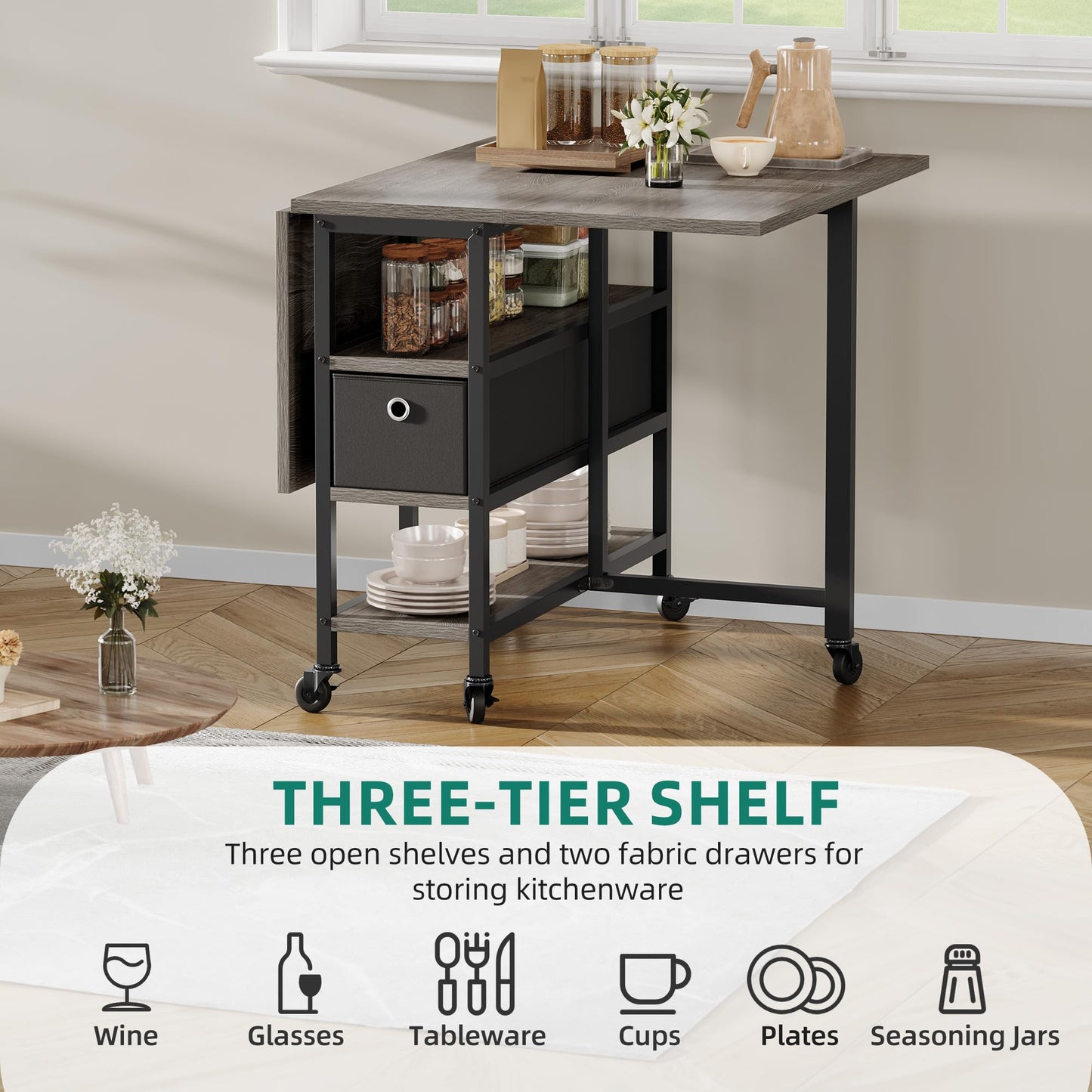 YITAHOME Folding Dining Table with Storage Drawers, Grey Oak and Black