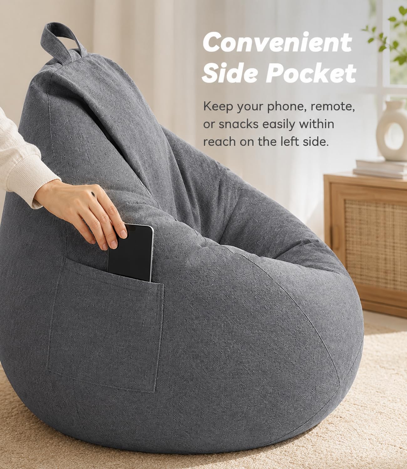 Highdi Kids Bean Bag Without Fillings - Cotton Linen Durable & Comfortable, Grey Storage Bean Bag Chair for Living Room/Gaming Room
