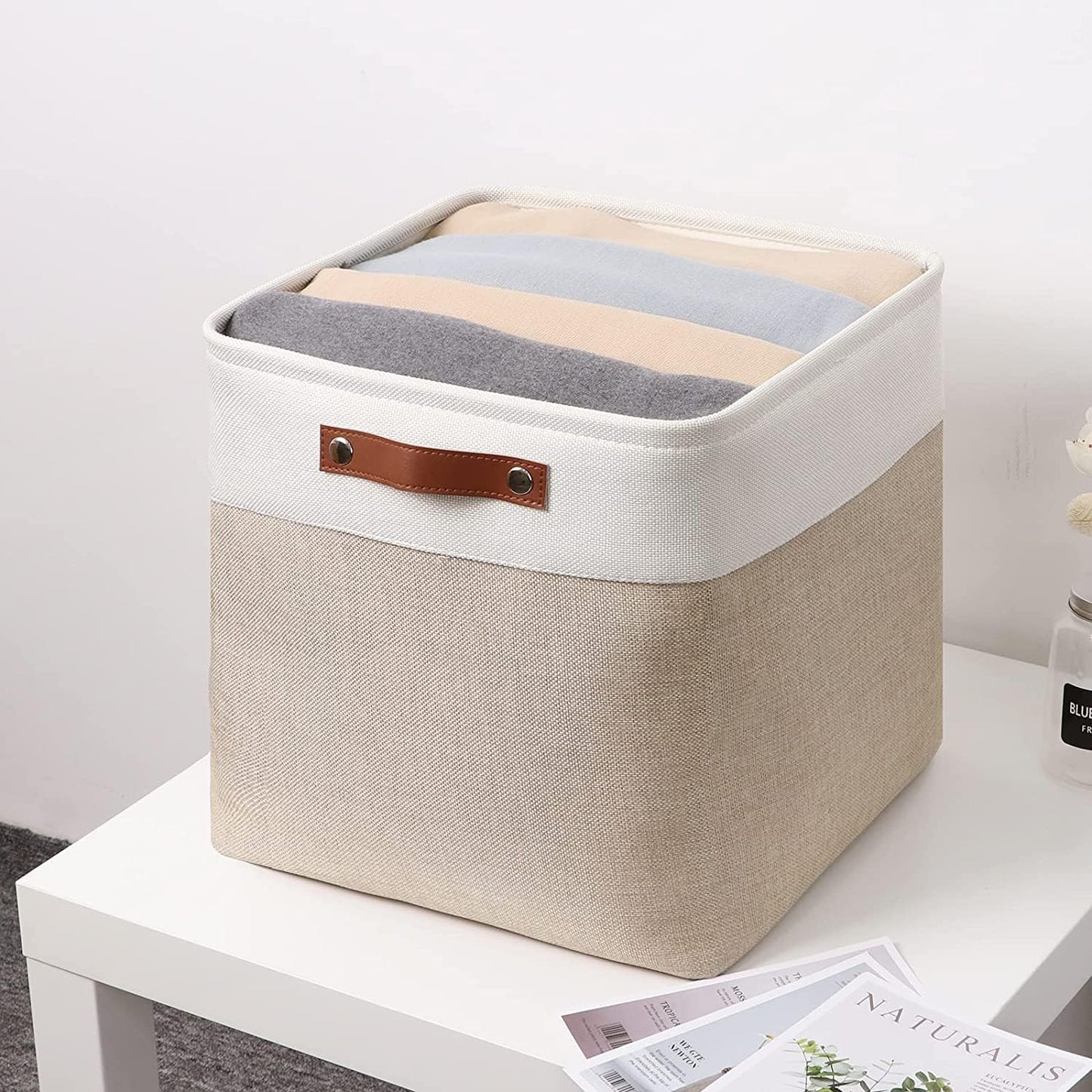 Mangata Collapsible Storage Cube Boxes, Linen Woven Fabric Storage Baskets, Cube Closet Organizer with Leather Handles (Light Khaki and White)
