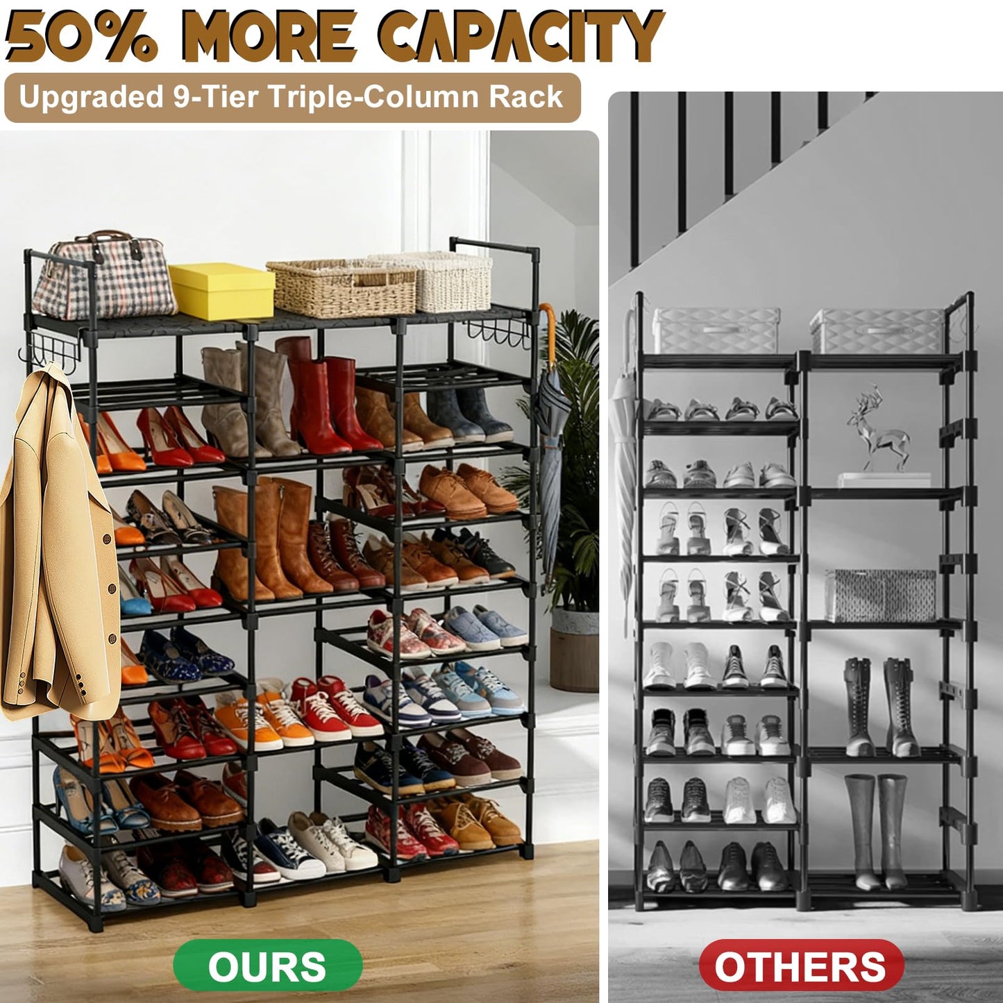9-Tier Shoe Rack with Telescopic Shoe Horn – Large Capacity Metal Shoe Storage for 50+ Pairs