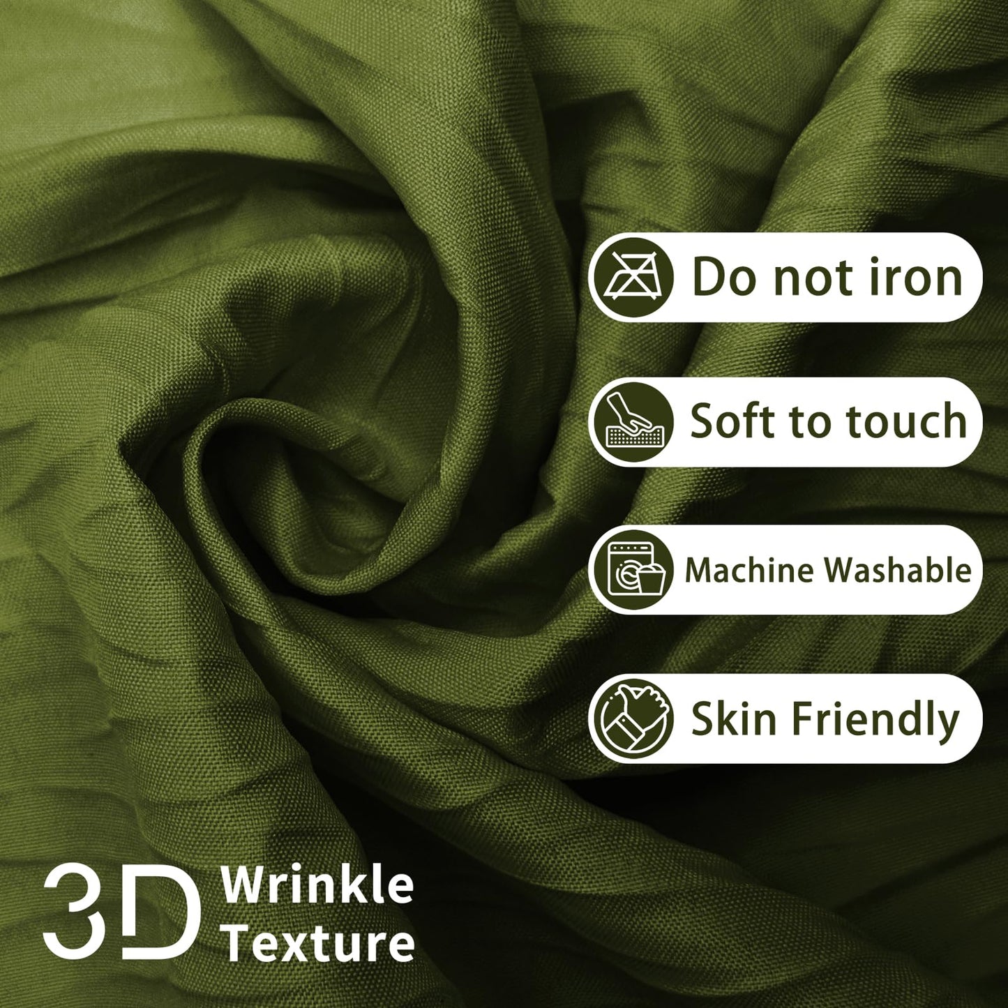 Tititex - Olive Green Crinkle Shower Curtain, Heavy Duty Textured Fabric 156 GSM Luxury Bathroom Decor for Hotel, Waterproof