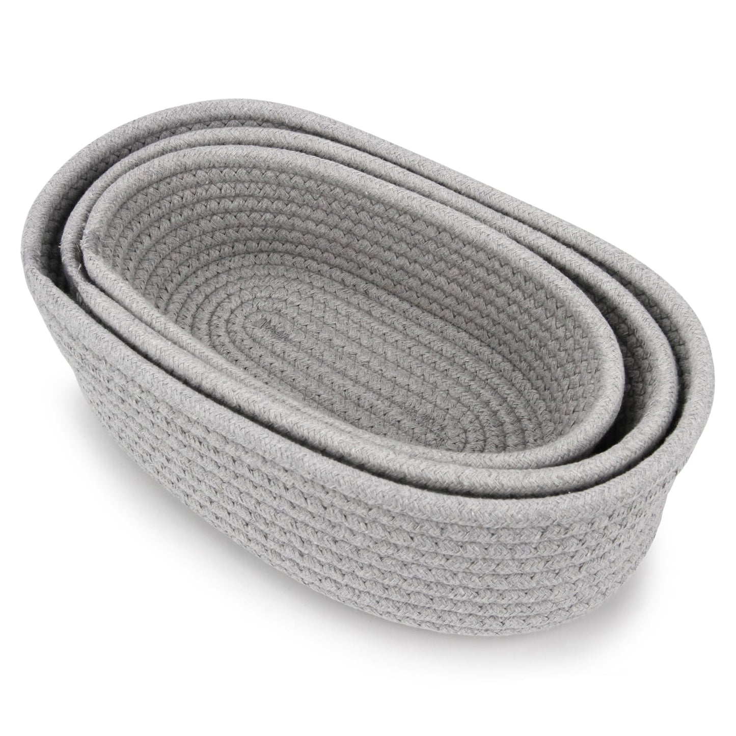 Spesh Cotton Rope Storage Baskets, Set of 3 Woven Shelf Baskets Oval Cotton Storage Boxes Empty Hampers Organiser Bins(Grey)