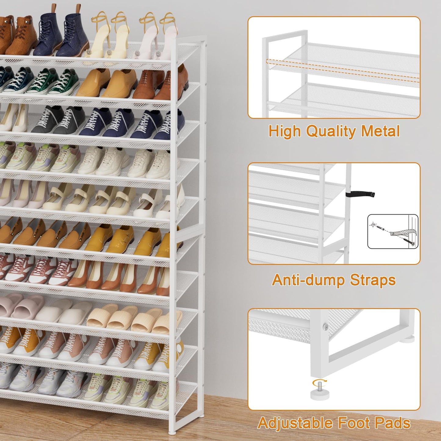 NEYCIL Large Shoe Rack 10 Tier Shoe Organizer, Heavy Duty Metal 5-Tier Stackable Shoe Storage Vertical Shoe Rack for Closet Front Door Entrance