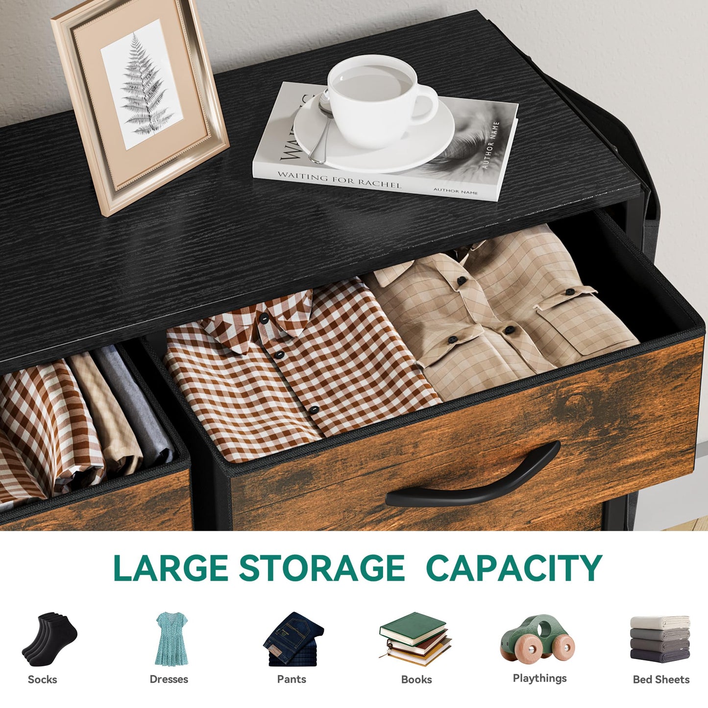 YITAHOME Chest of Drawers with 8 Drawers, Fabric Drawers with Side Pocket&Hooks,Easy Pull Handle,Sturdy Steel Frame,Storage Drawers for Bedroom