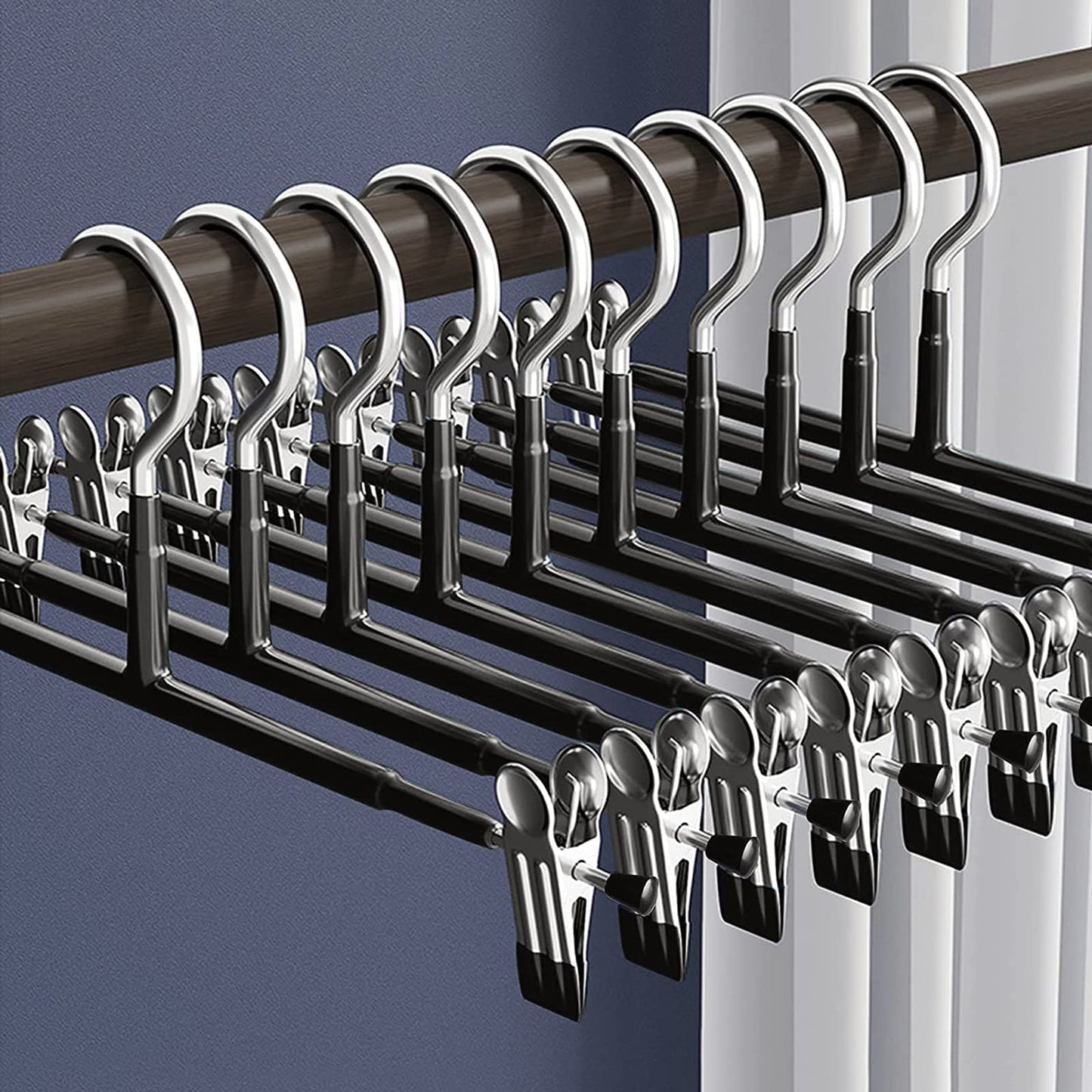 Supmaker 10 Pack Chrome Trouser Hanger,Heavy Duty Metal Pants Hangers, Skirt Hangers with Non-Slip Adjustable Clips,Space Saving Clothes Jeans